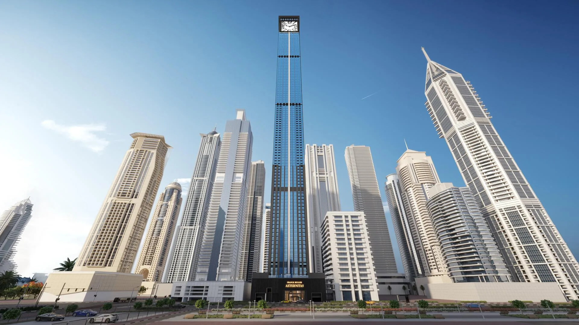 Башня Aeternitas среди небоскрёбов Dubai Marina