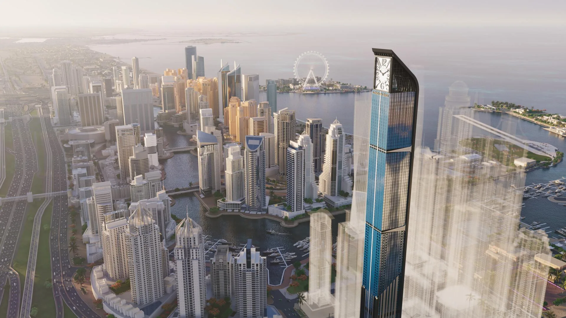Dubai Marina с высоты: небоскрёбы, гавань и море