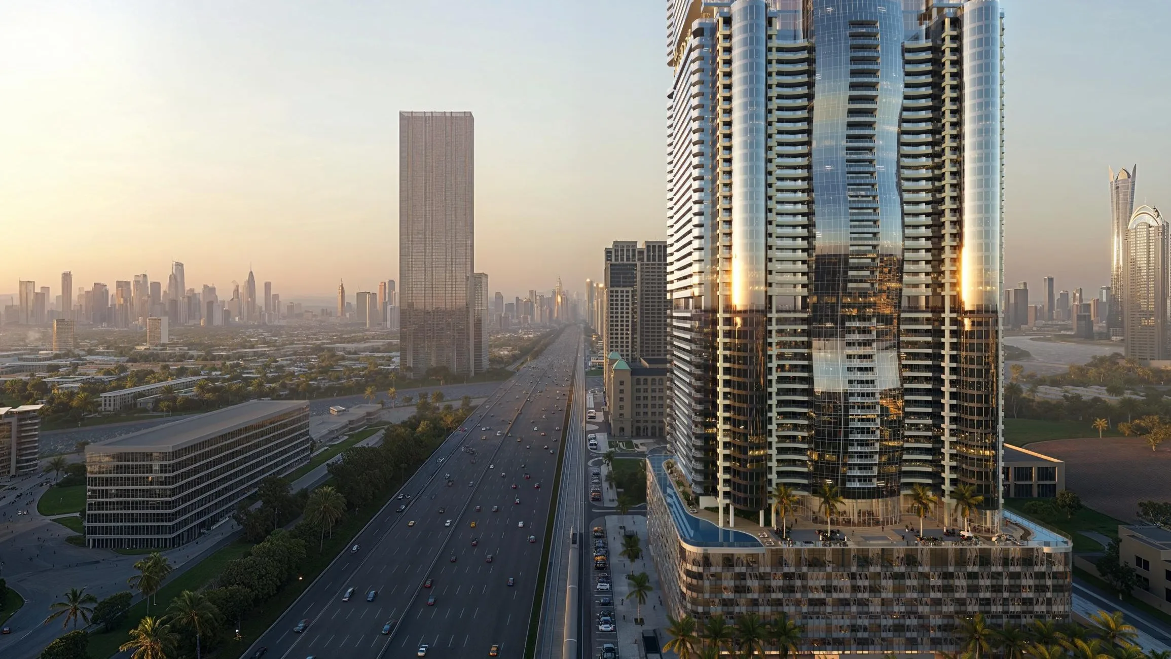 Al Habtoor Tower среди высоток Дубая на рассвете