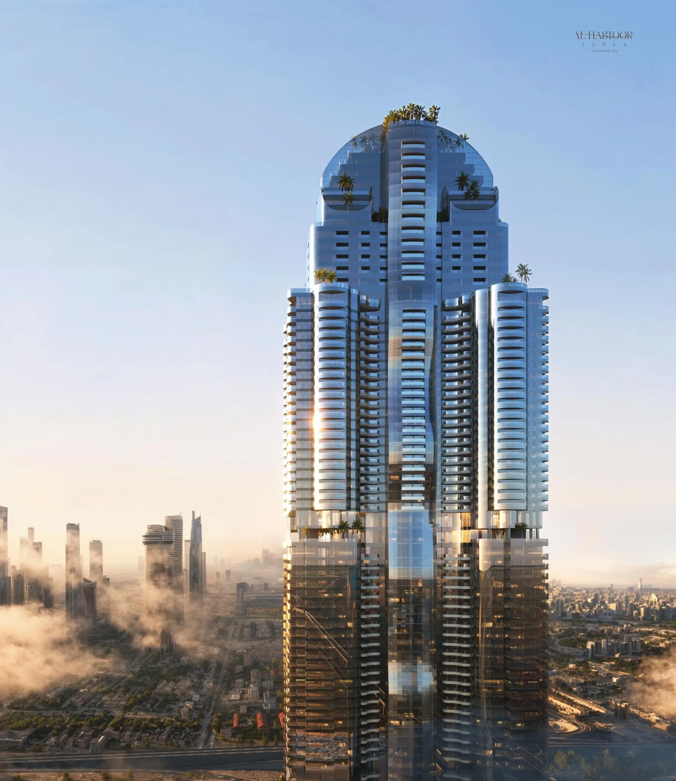 Башня Al Habtoor Tower над утренним туманом