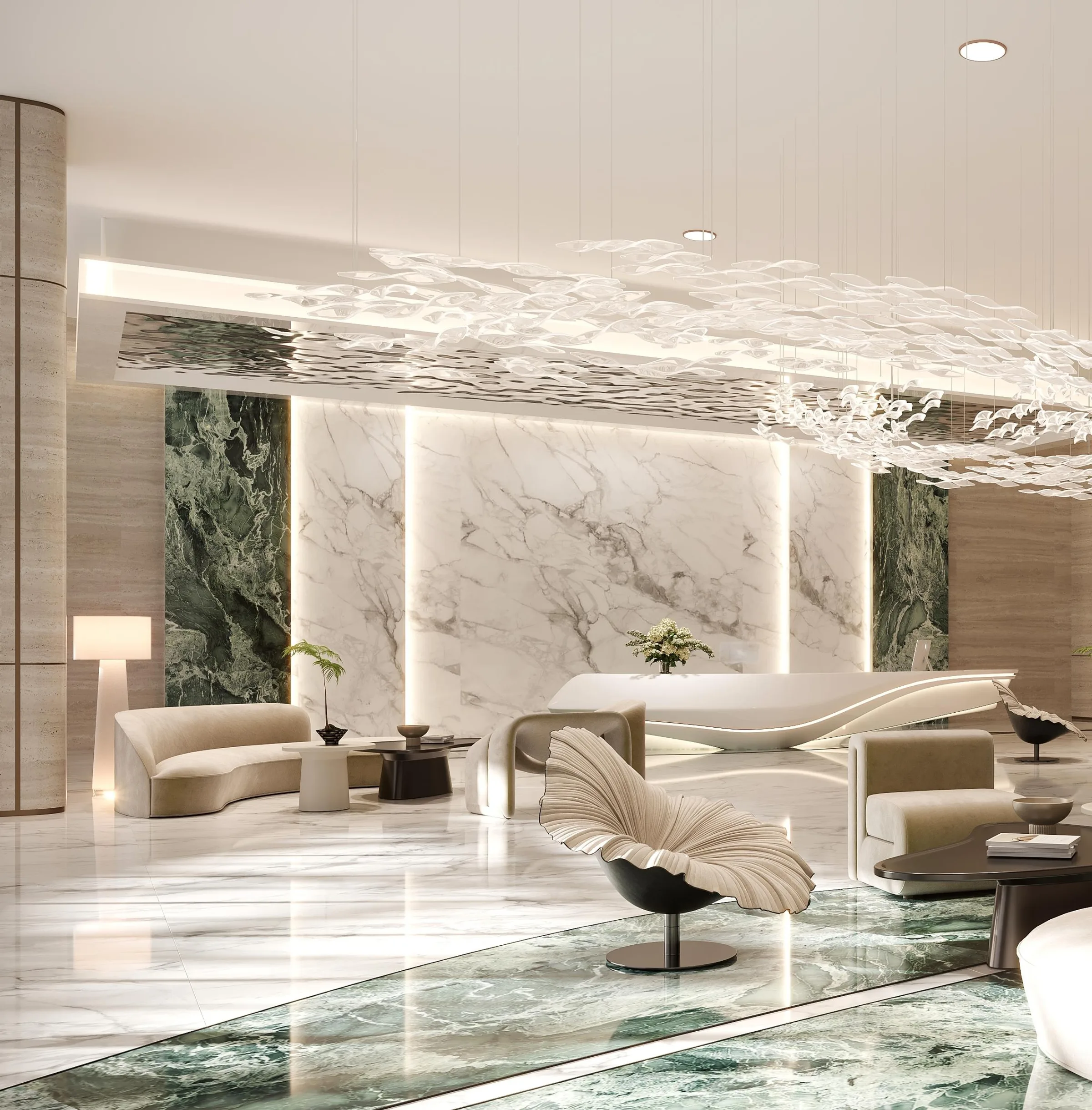 Лобби Al Habtoor Tower: мрамор и светлые стены