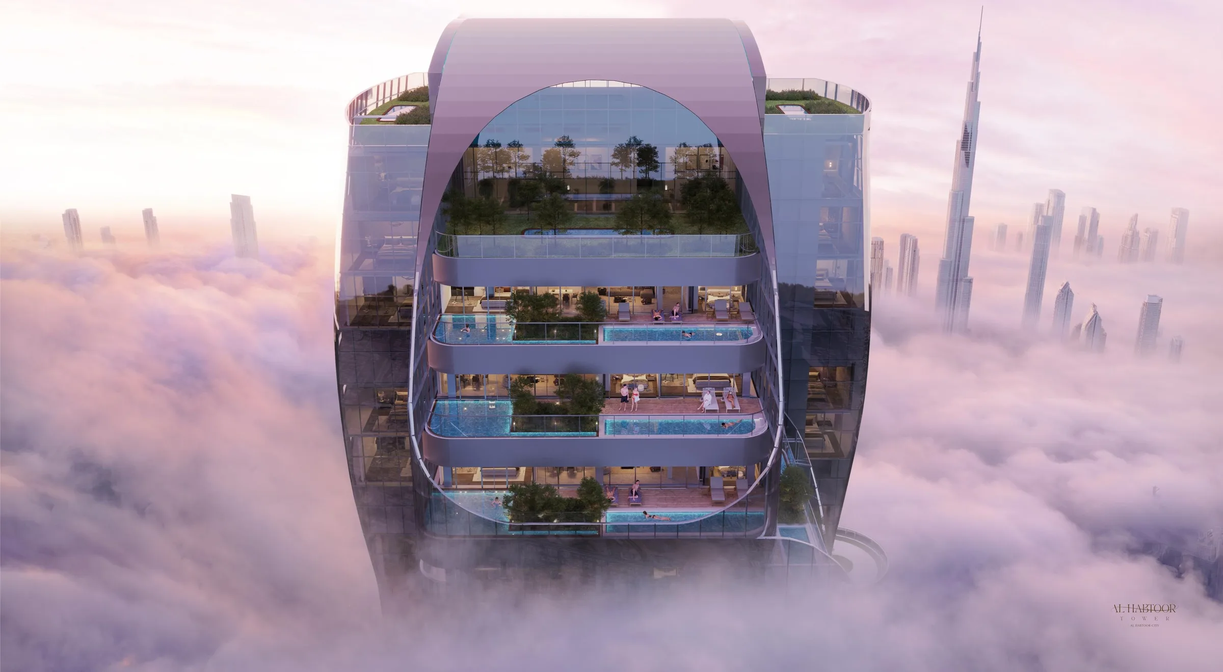 Верх башни Al Habtoor Tower в облаках: террасы с бассейнами