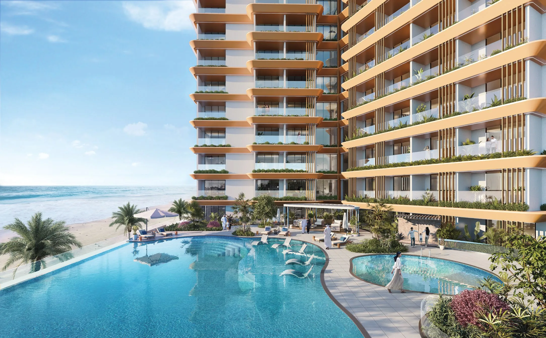 Бассейн у пляжа под башней Al Hamra Waterfront