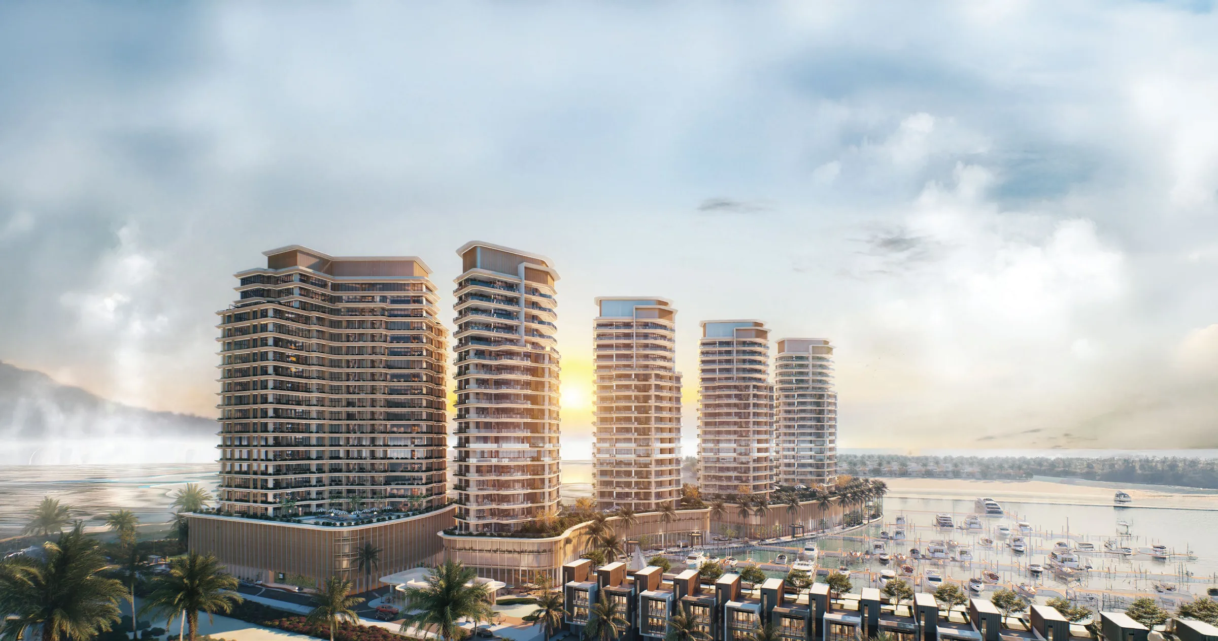 Al Hamra Waterfront с высоты: башни, таунхаусы и яхтенная марина