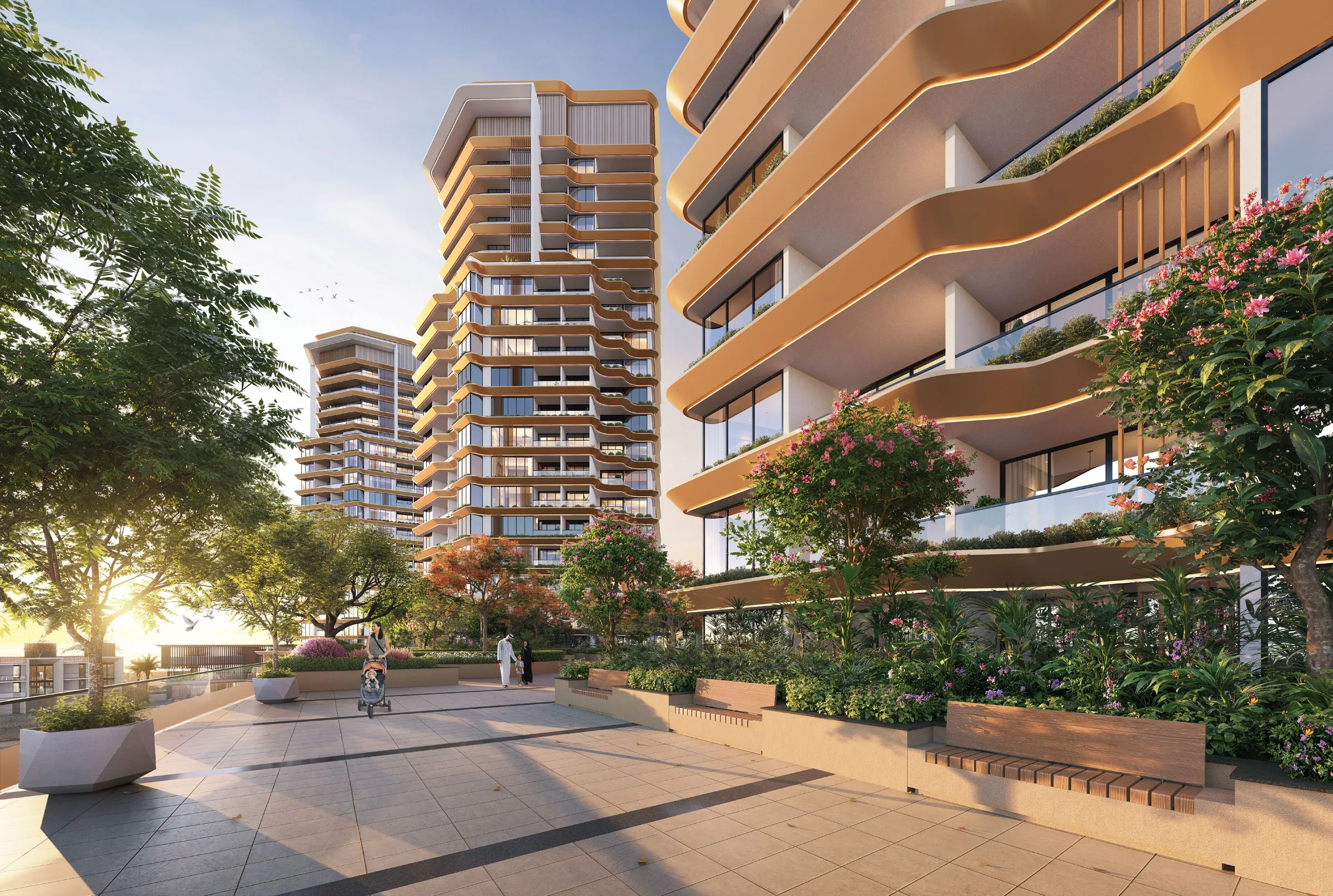 Сад на подиуме между башнями Al Hamra Waterfront