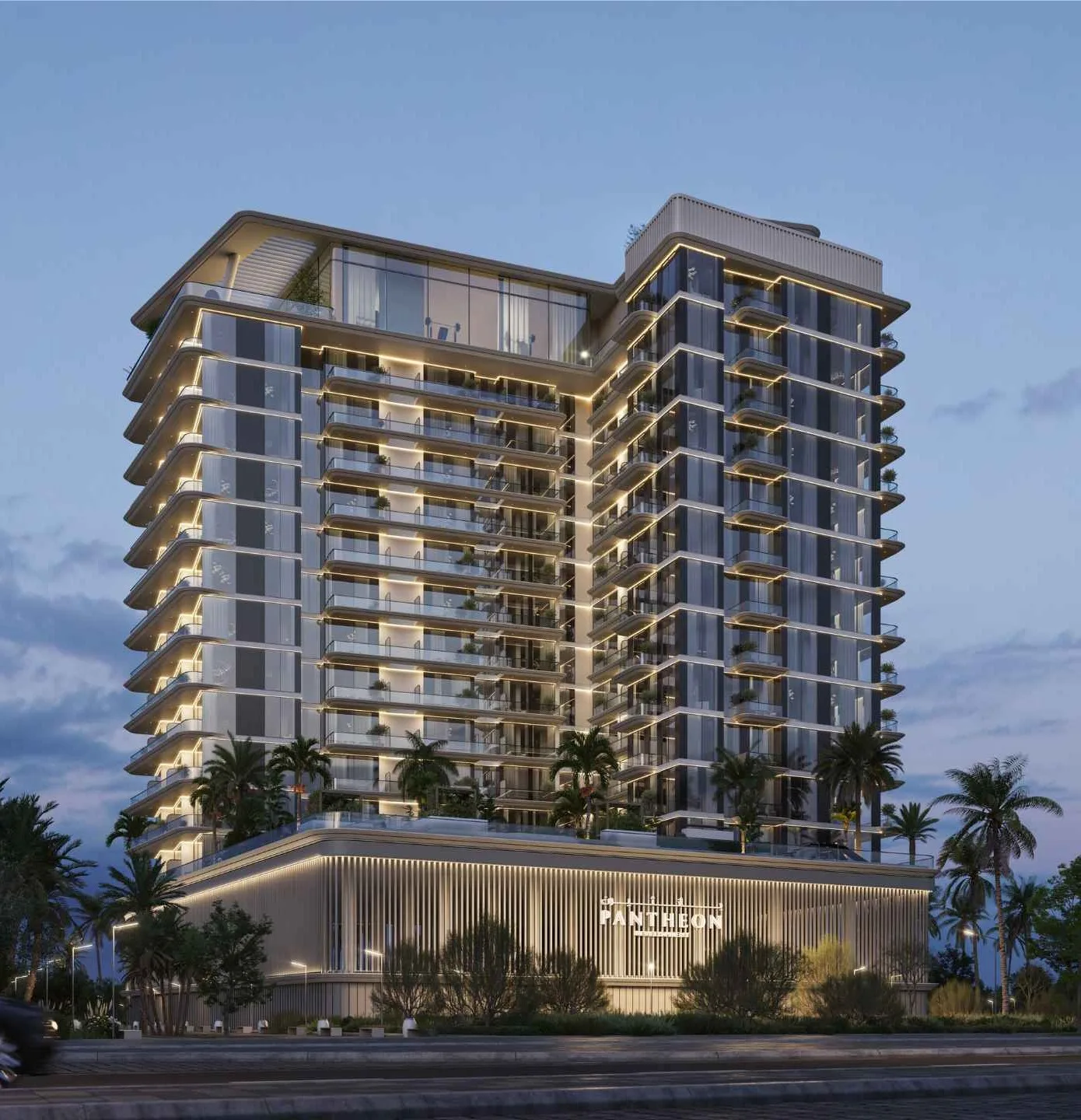 Omya Residences вечером: подсвеченные балконы и подиум