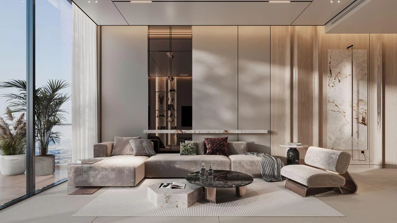 Гостиная в квартире Omya Residences с окном в пол
