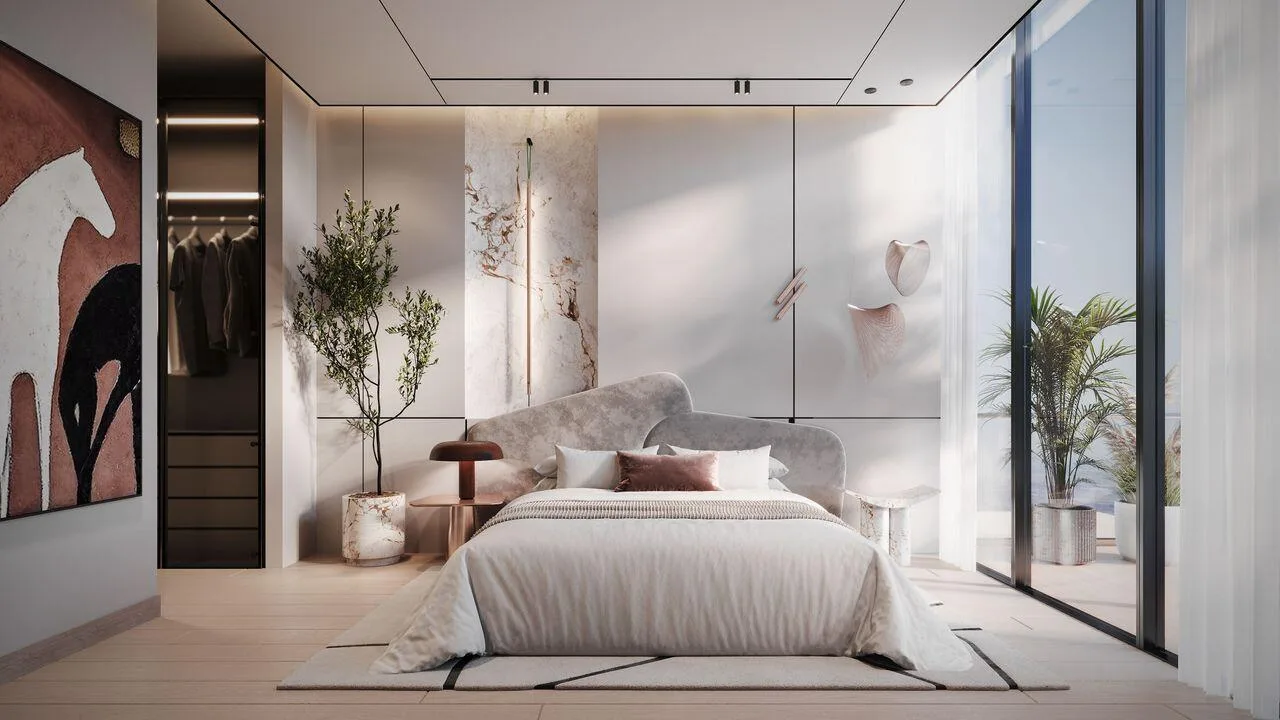 Спальня в квартире Omya Residences с окном в пол