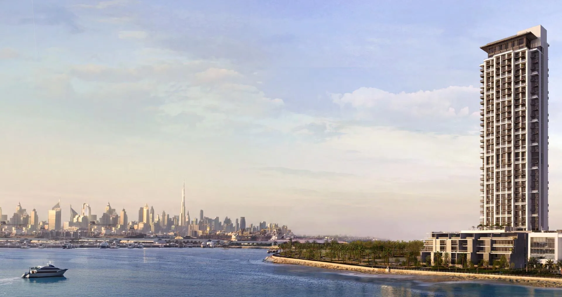 Башня Aria на мысу Maritime City, за водой центр Дубая