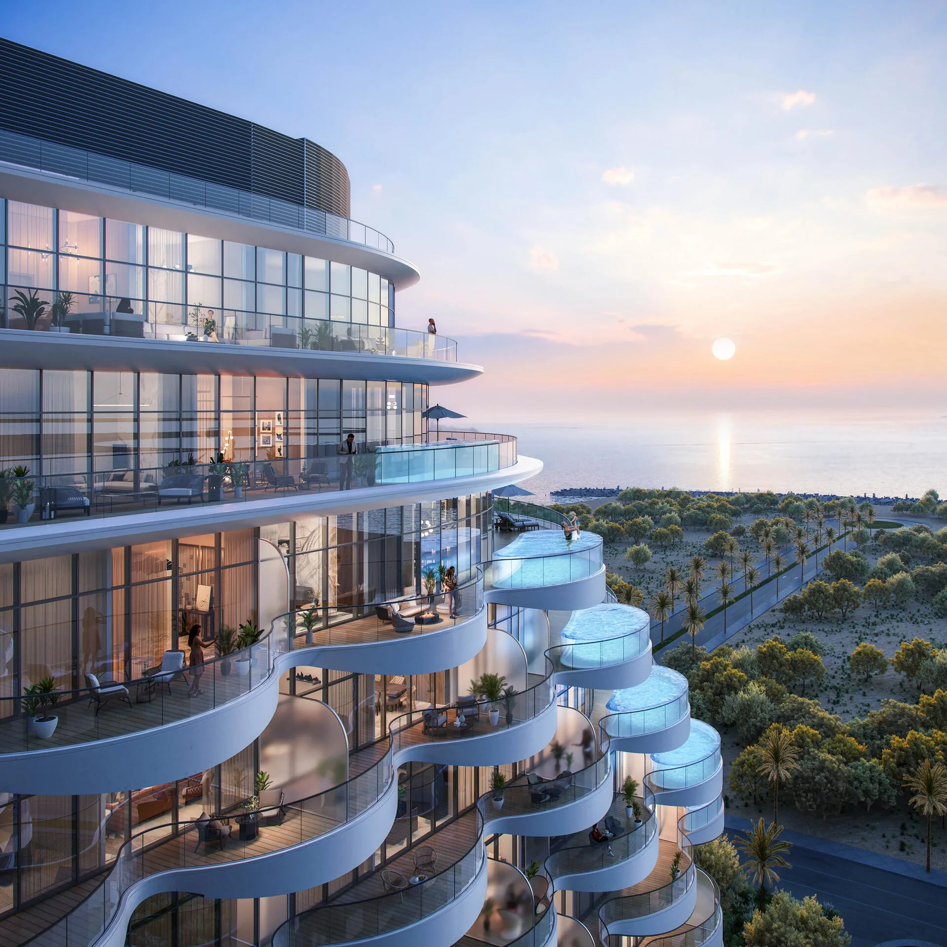 Балконы Aqua Arc с частными бассейнами над кронами пальм