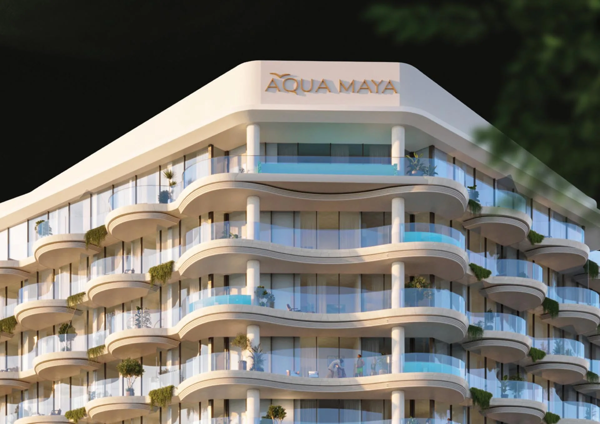Верх башни Aqua Maya ночью с подсветкой