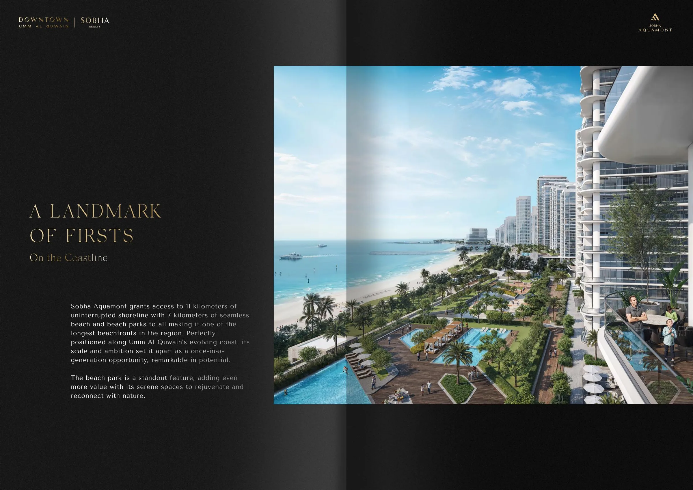 Двор Sobha Aquamont сверху: бассейны, настилы и сады между башней и пляжем