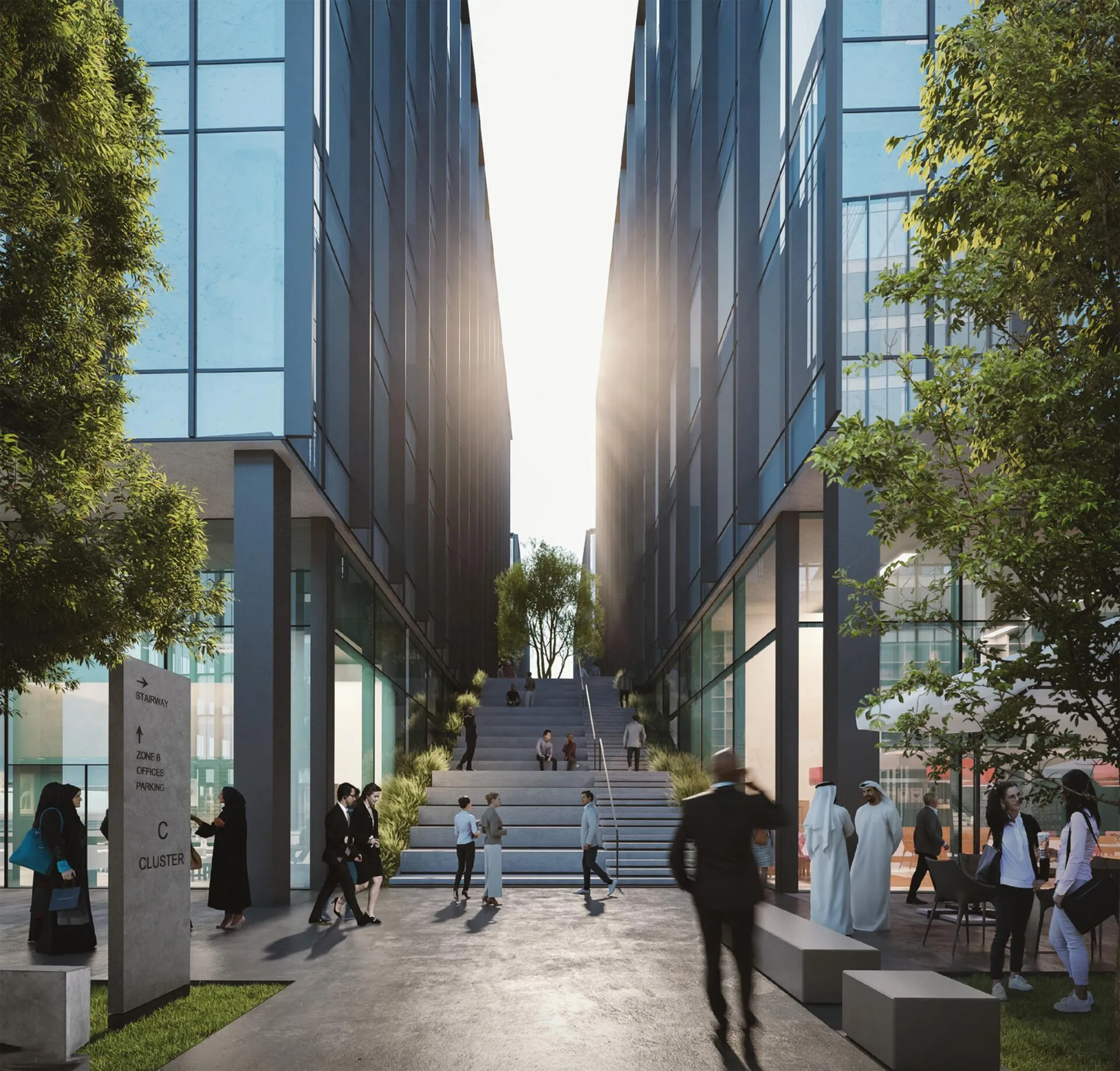 Широкая лестница между офисными зданиями Arada CBD, внизу кафе и скамьи
