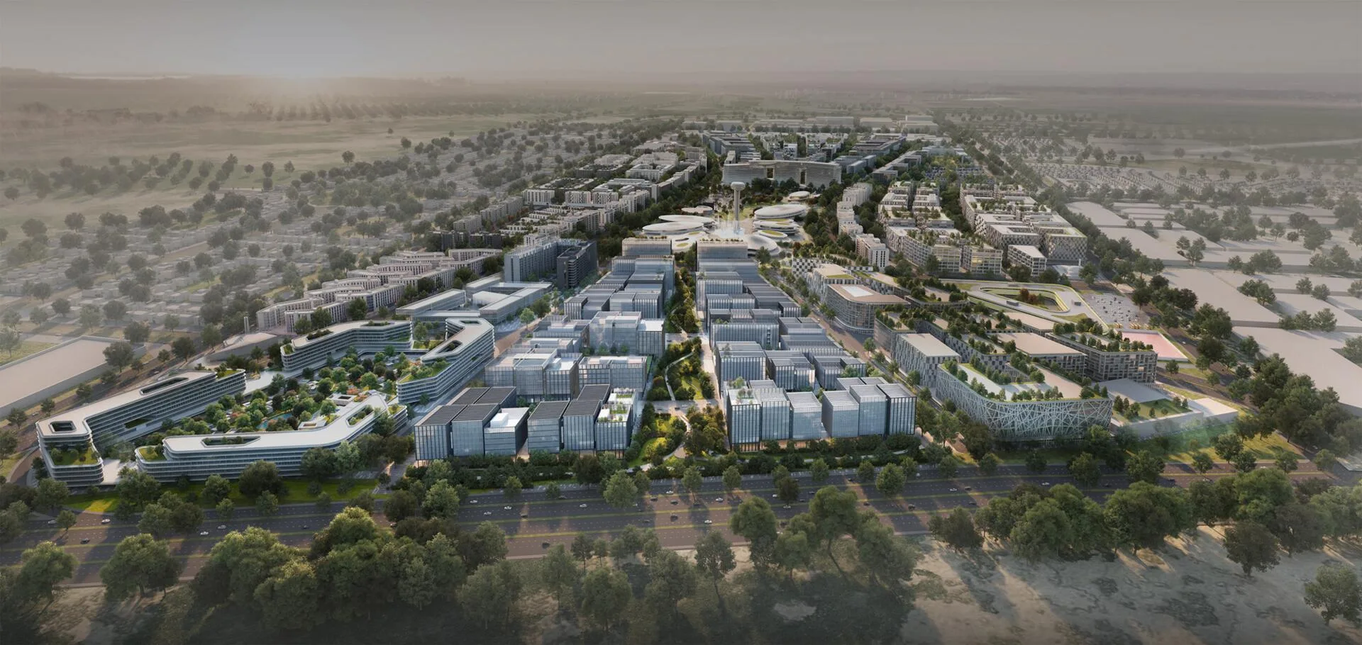 Деловой район Arada CBD с высоты: кварталы офисов вдоль зелёной оси