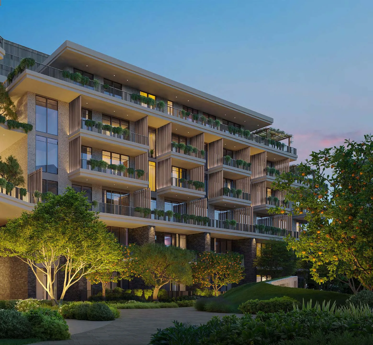 Фасад Arancia Yards 2 вечером