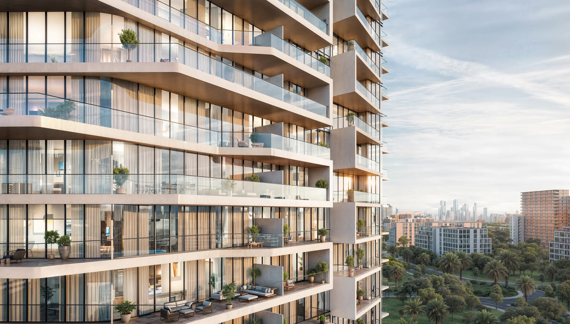 Балконы башни Arthouse Hills с видом на зелень и городской горизонт