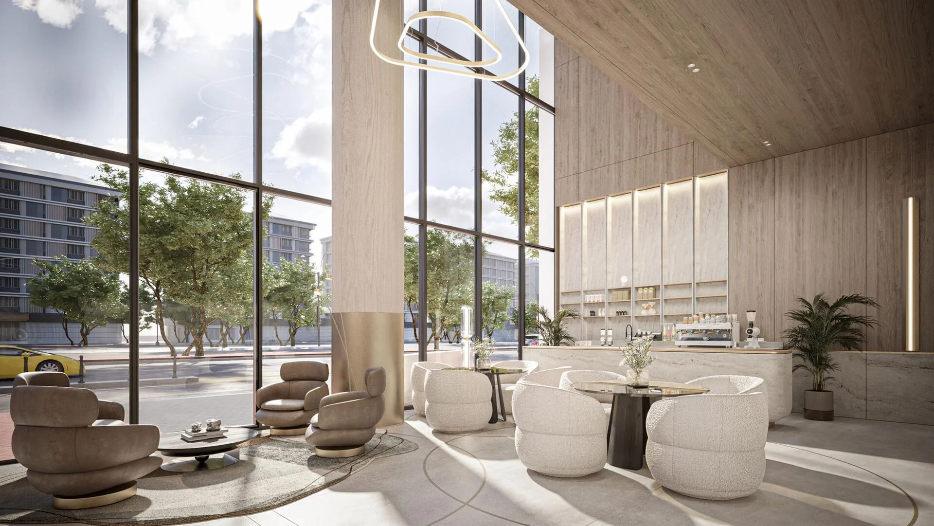 Кафе в лобби Arthouse Residences с цветными витражами