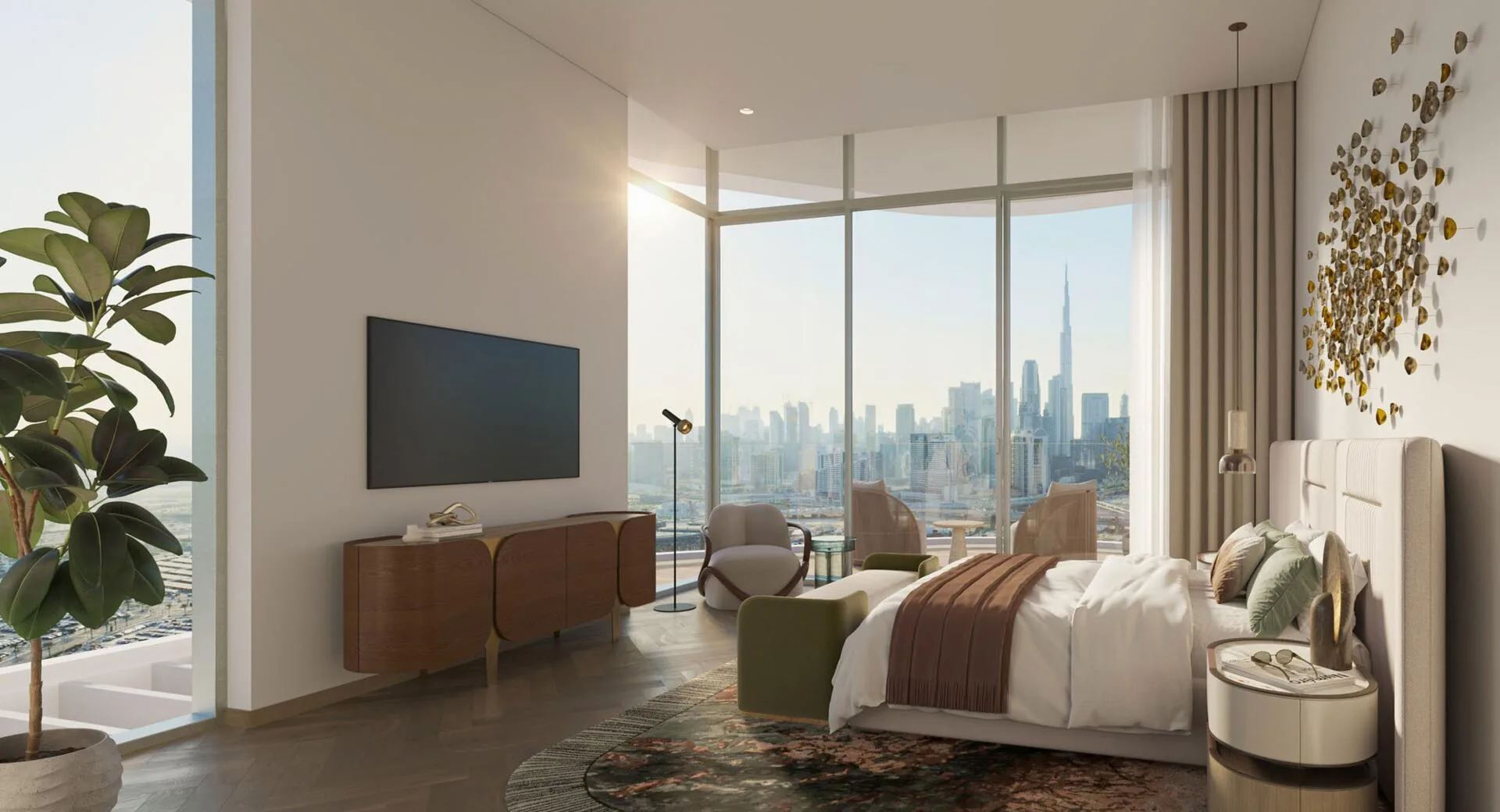Спальня с угловым остеклением и видом на город