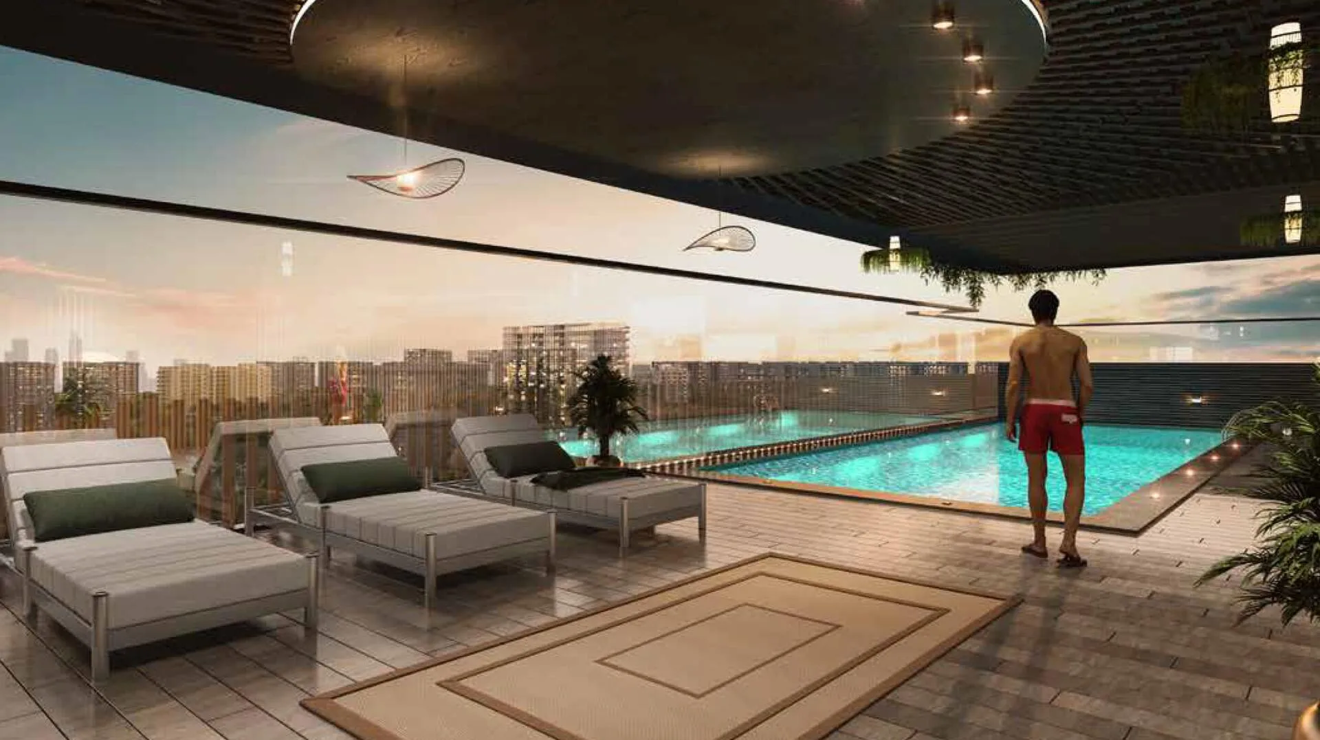 Бассейн на крыше Aum 99 Residences с шезлонгами