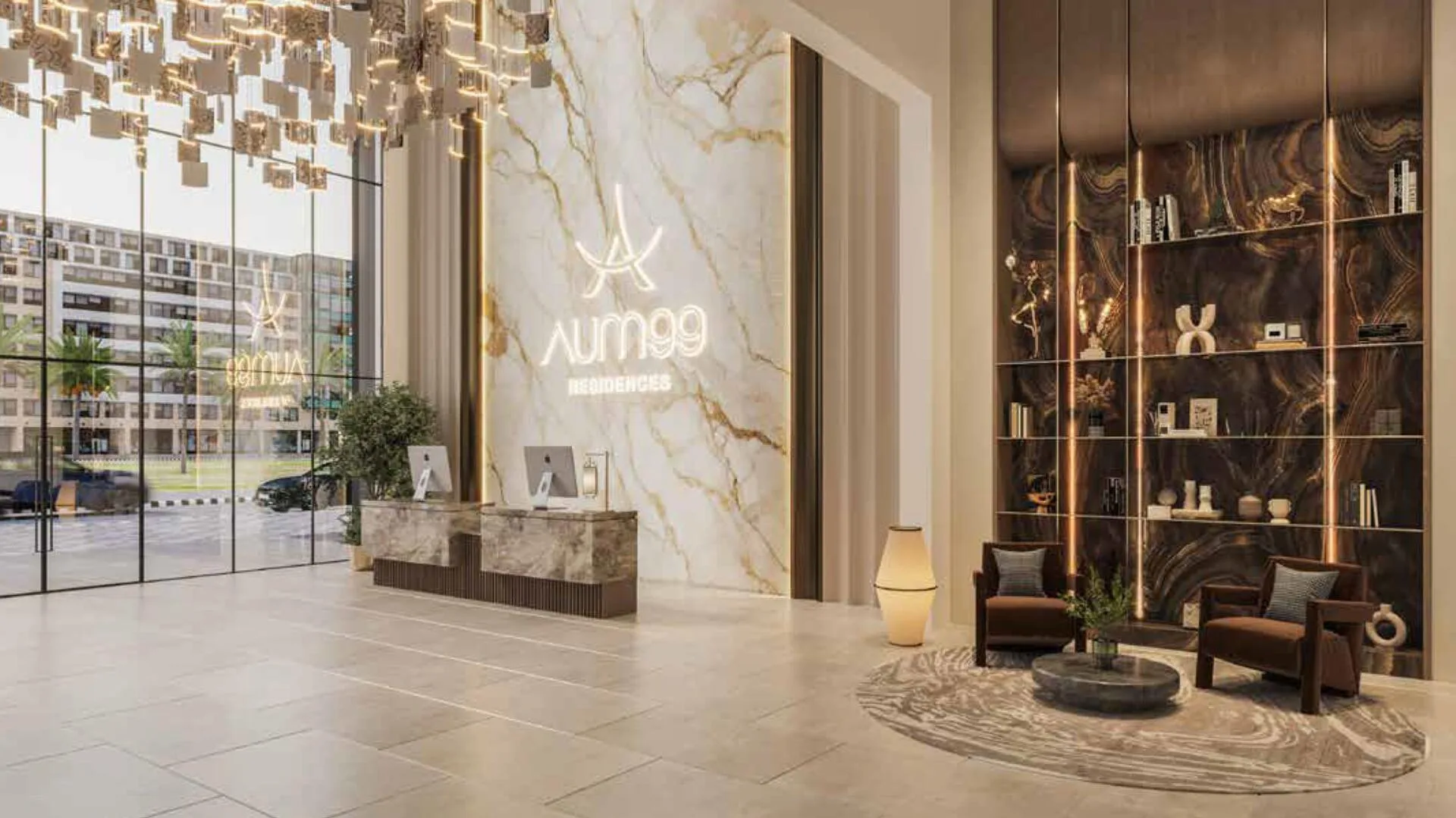Ресепшн Aum 99 Residences: мраморная стена со знаком дома
