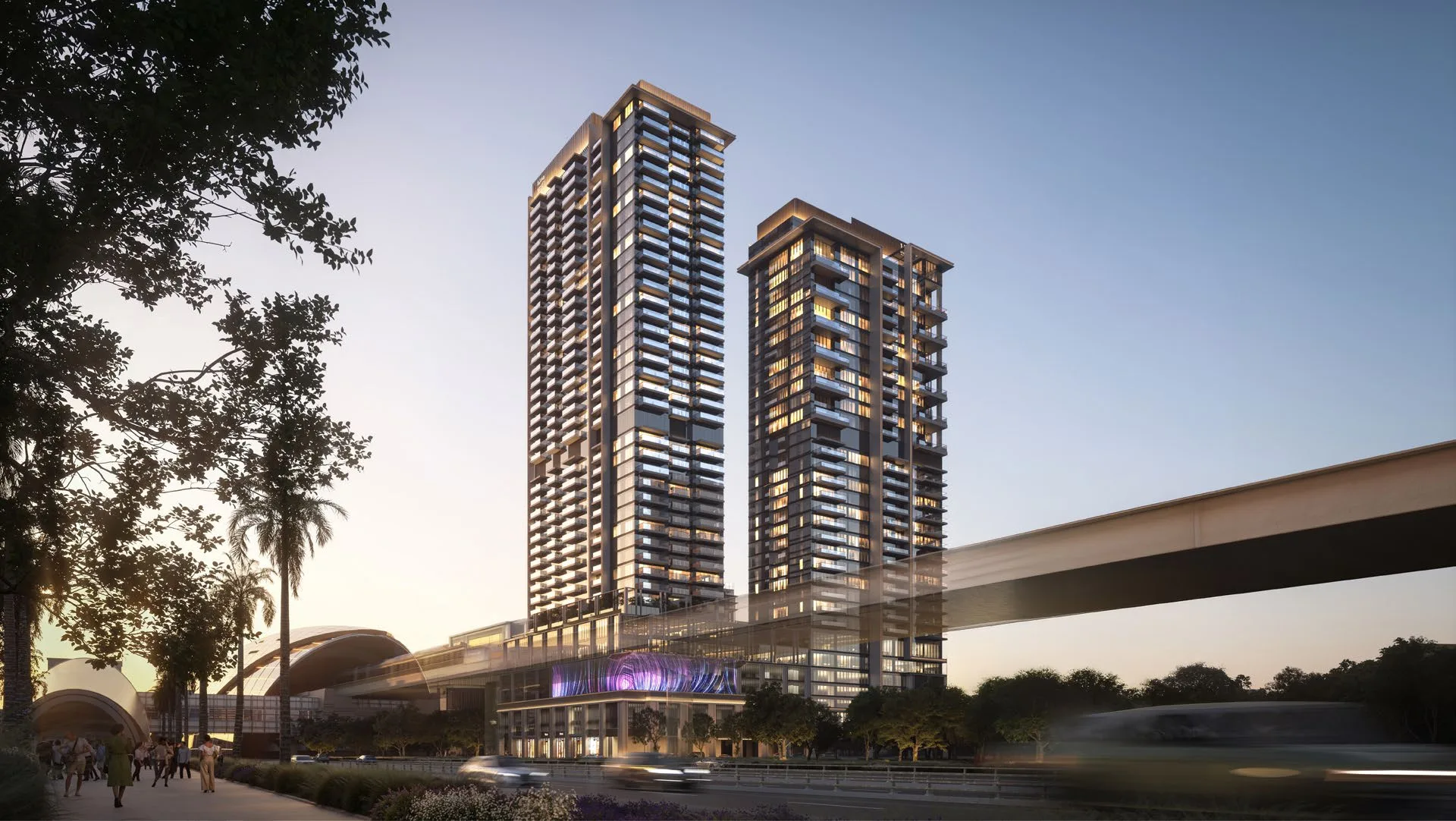 Две башни Avenue Park Towers II вечером у линии метро