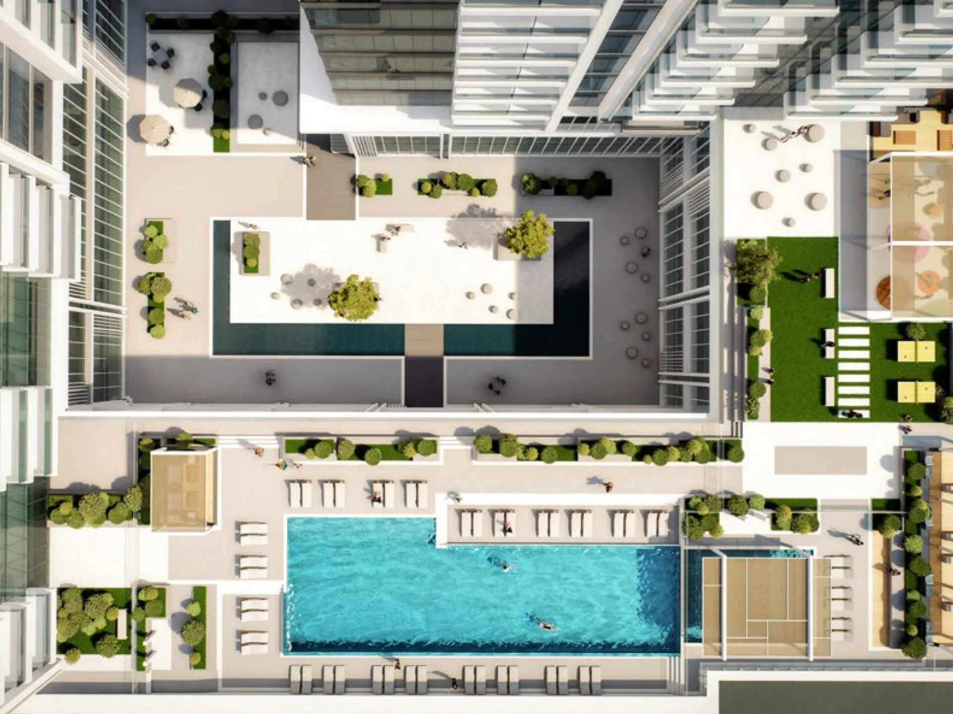 Бассейн Avenue Park Towers с высоты: шезлонги и зелень