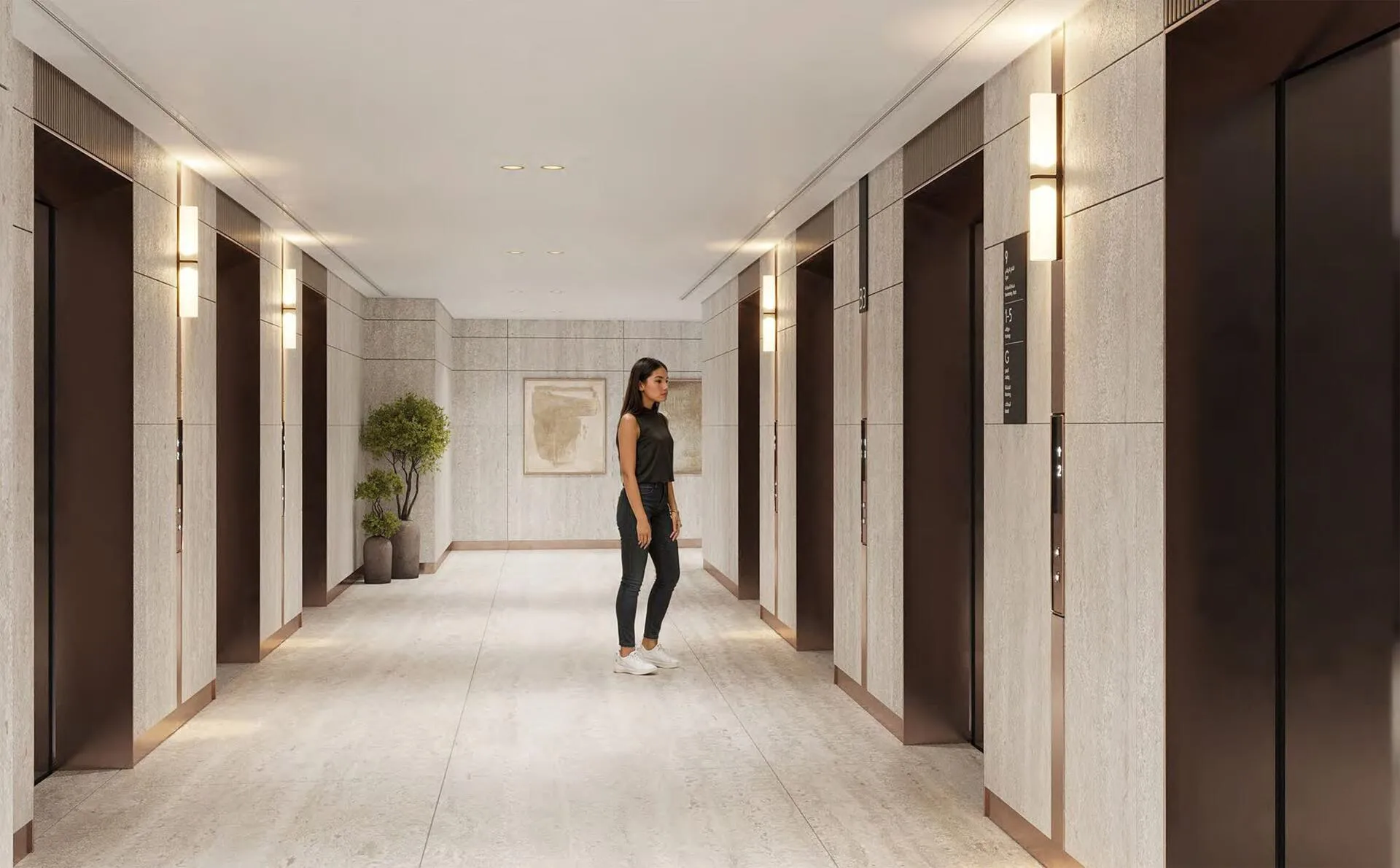 Лифтовой холл Avenue Park Towers в светлом камне