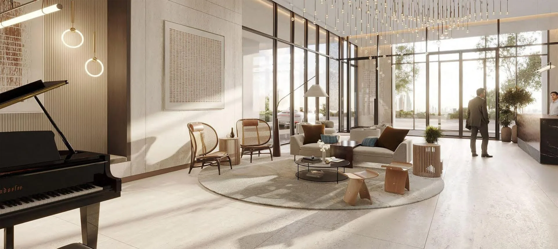 Входное лобби Avenue Park Towers с роялем и панорамным остеклением