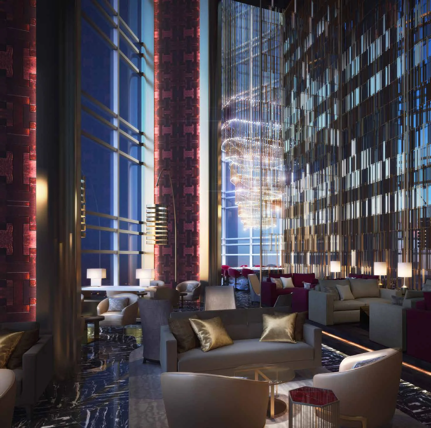 Гостиная The Club в AYKON City с высокими окнами и люстрой