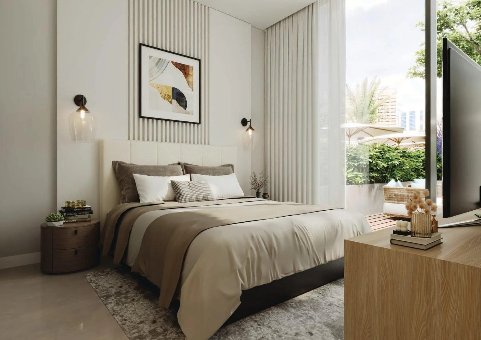 Спальня с выходом на террасу в Azha Millennium Residences
