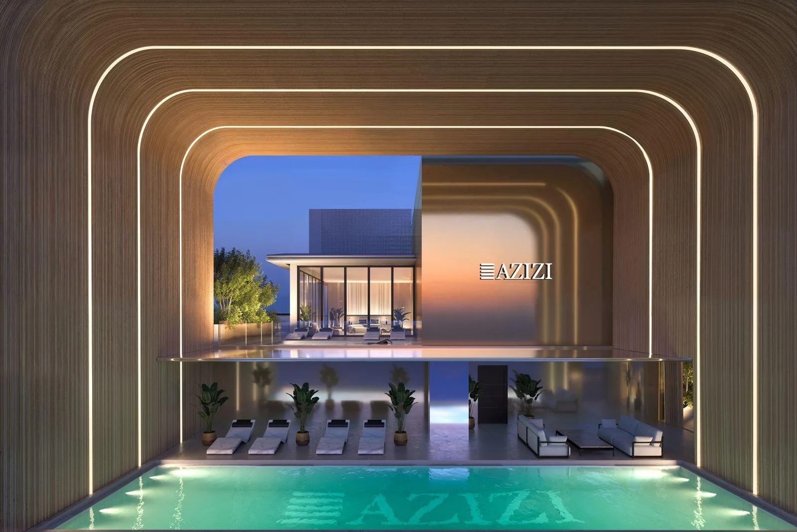 Бассейн на крыше Azizi Creek Views 4 вечером: шезлонги под высокой аркой