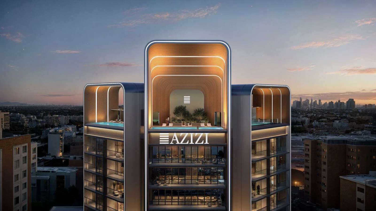 Крыша Azizi Creek Views 4 на закате: бассейны и зелень на верхней террасе