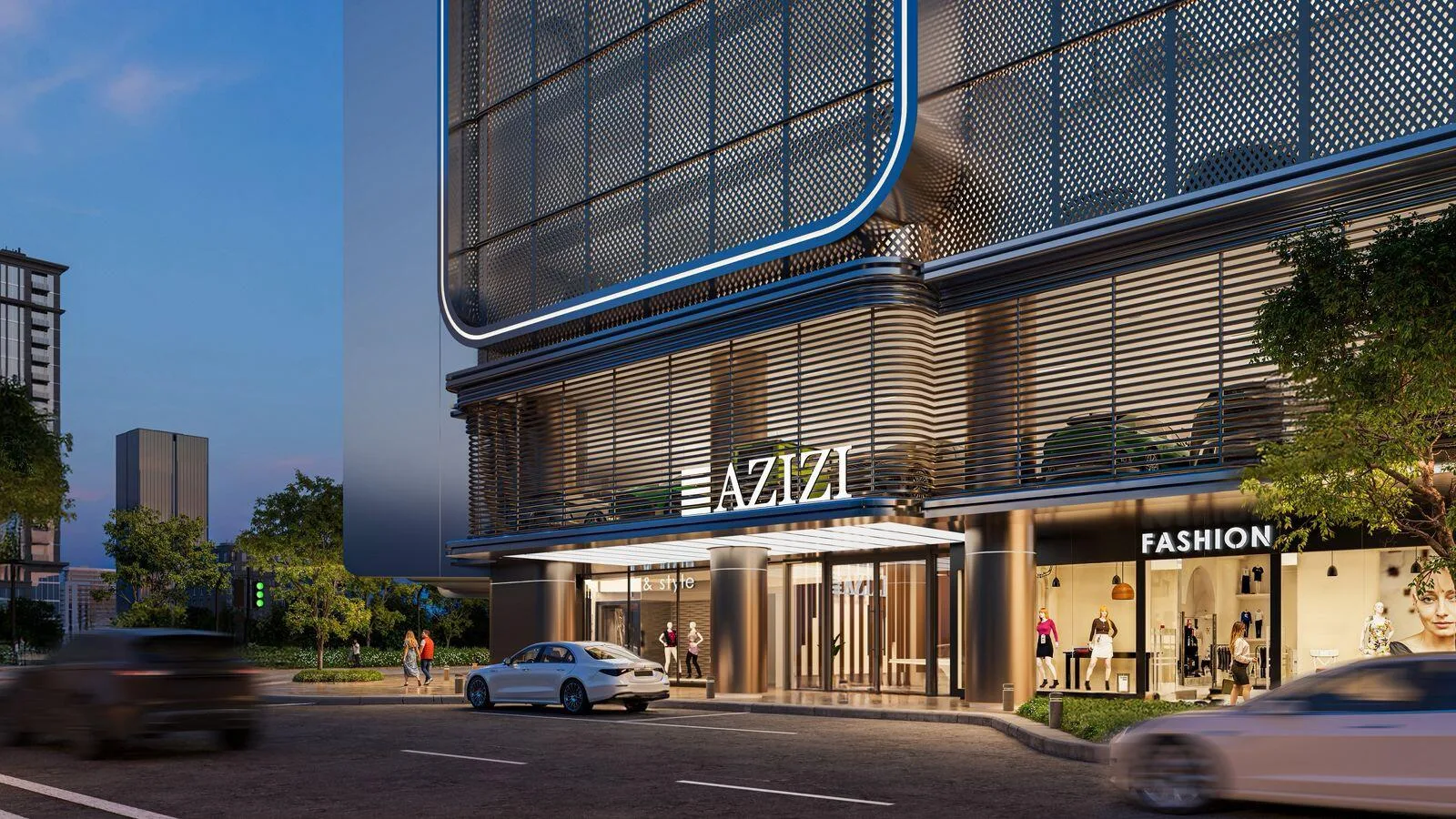 Вход в Azizi Creek Views 4 вечером: навес, витрины и подъезд для машин