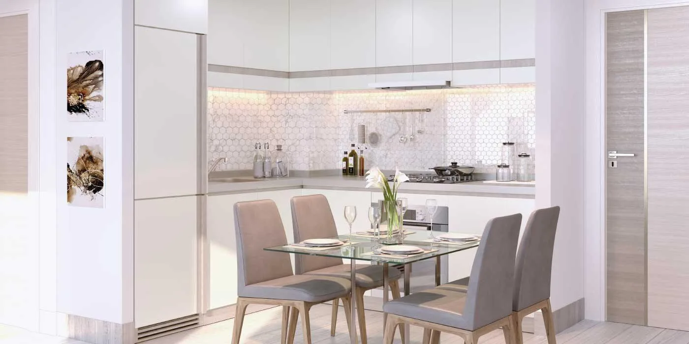 Открытая кухня в Azizi Grand с обеденным столом