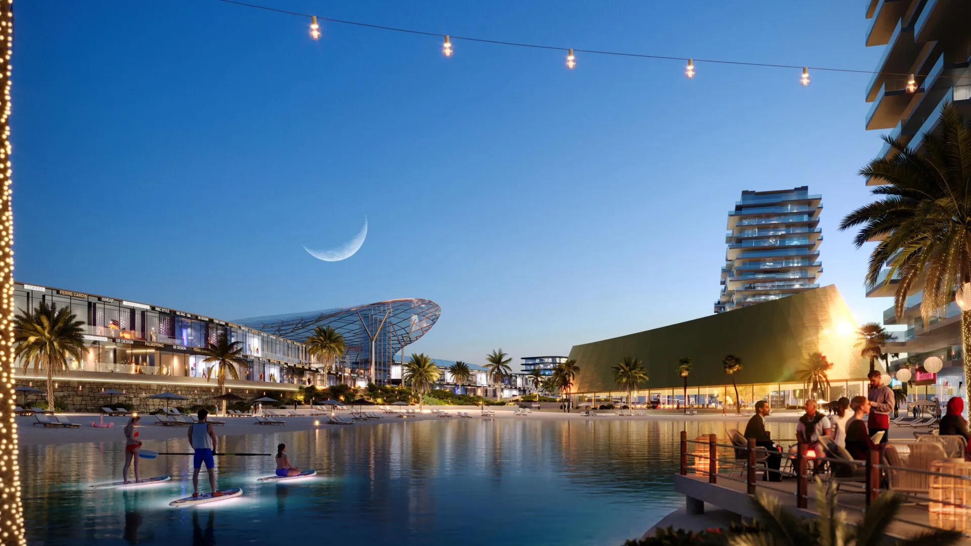 Бульвар Azizi Venice у лагуны ночью