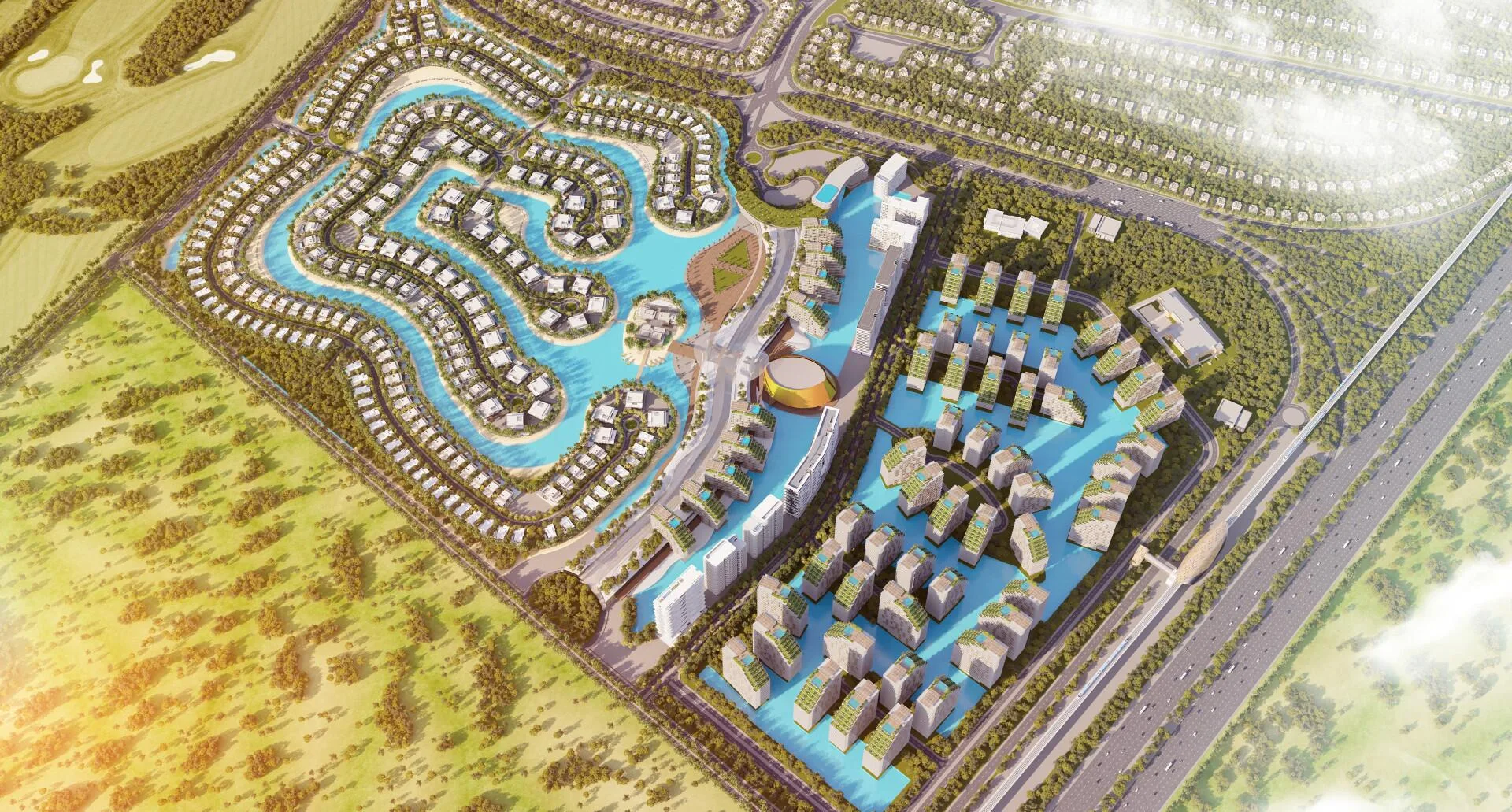 Azizi Venice с высоты: лагуна, особняки и жилые корпуса у Emirates Road