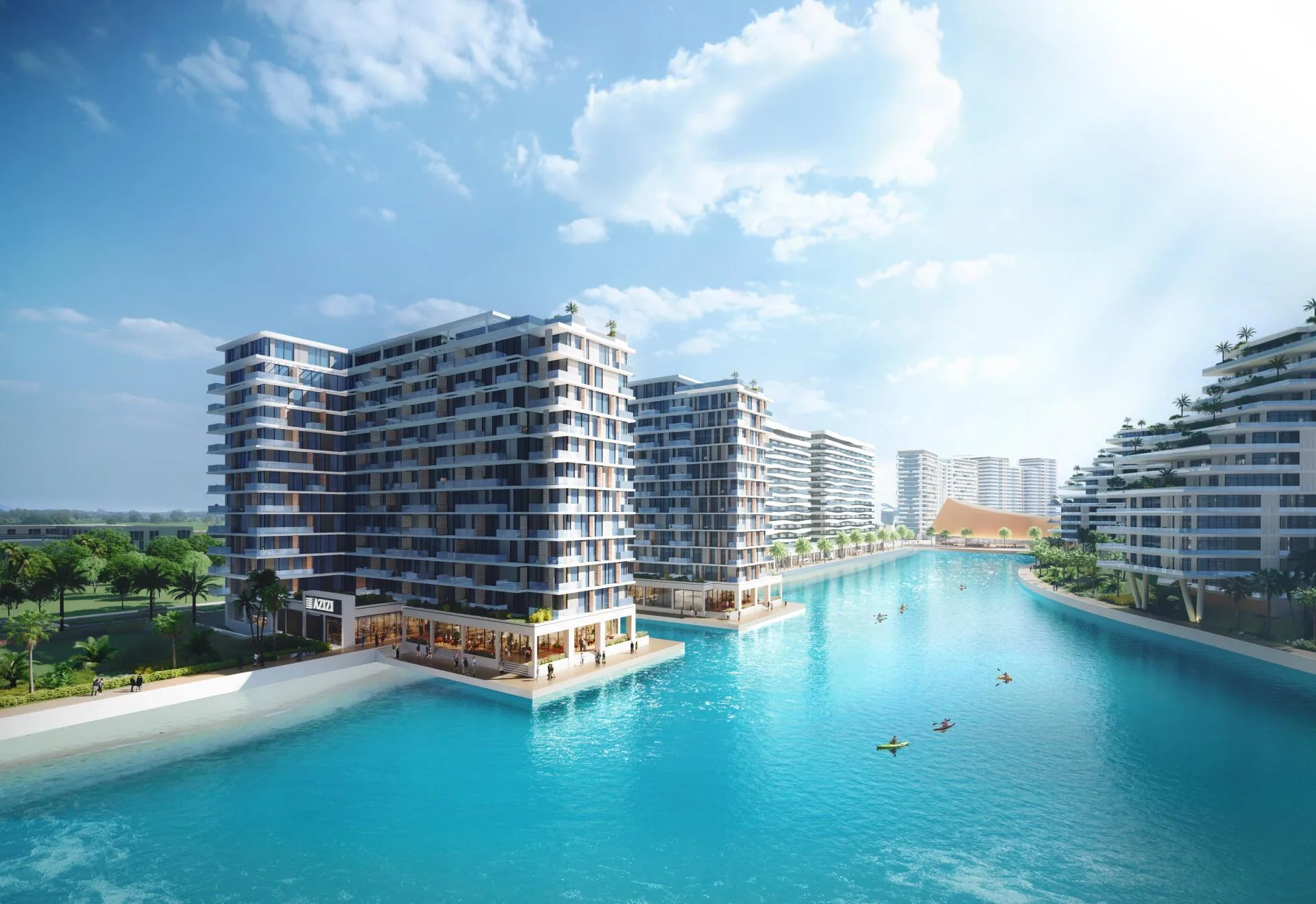 Лагуна Azizi Venice между жилыми корпусами, вид сверху