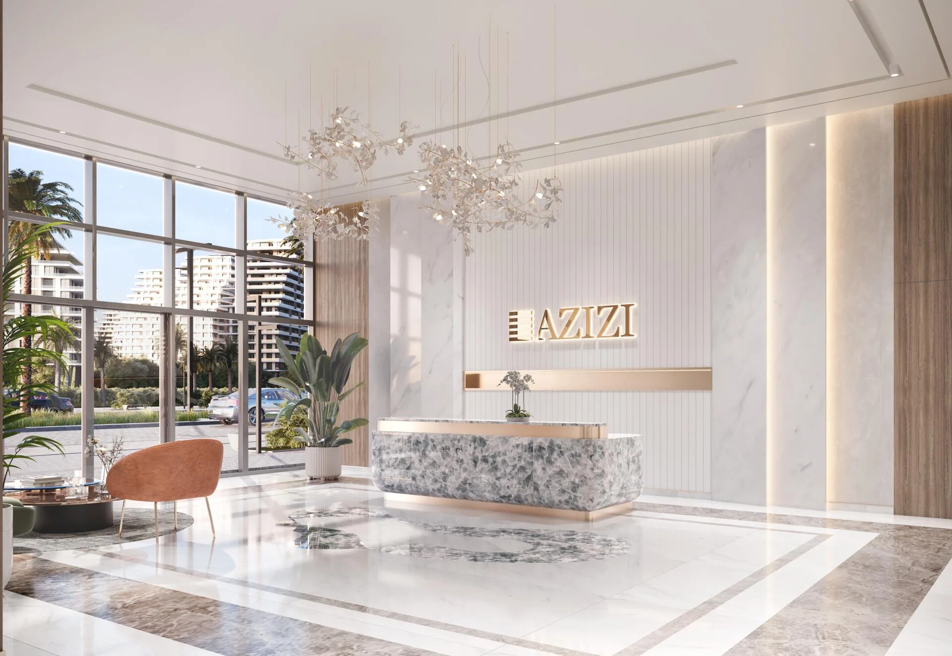 Лобби Azizi Venice со стойкой консьержа