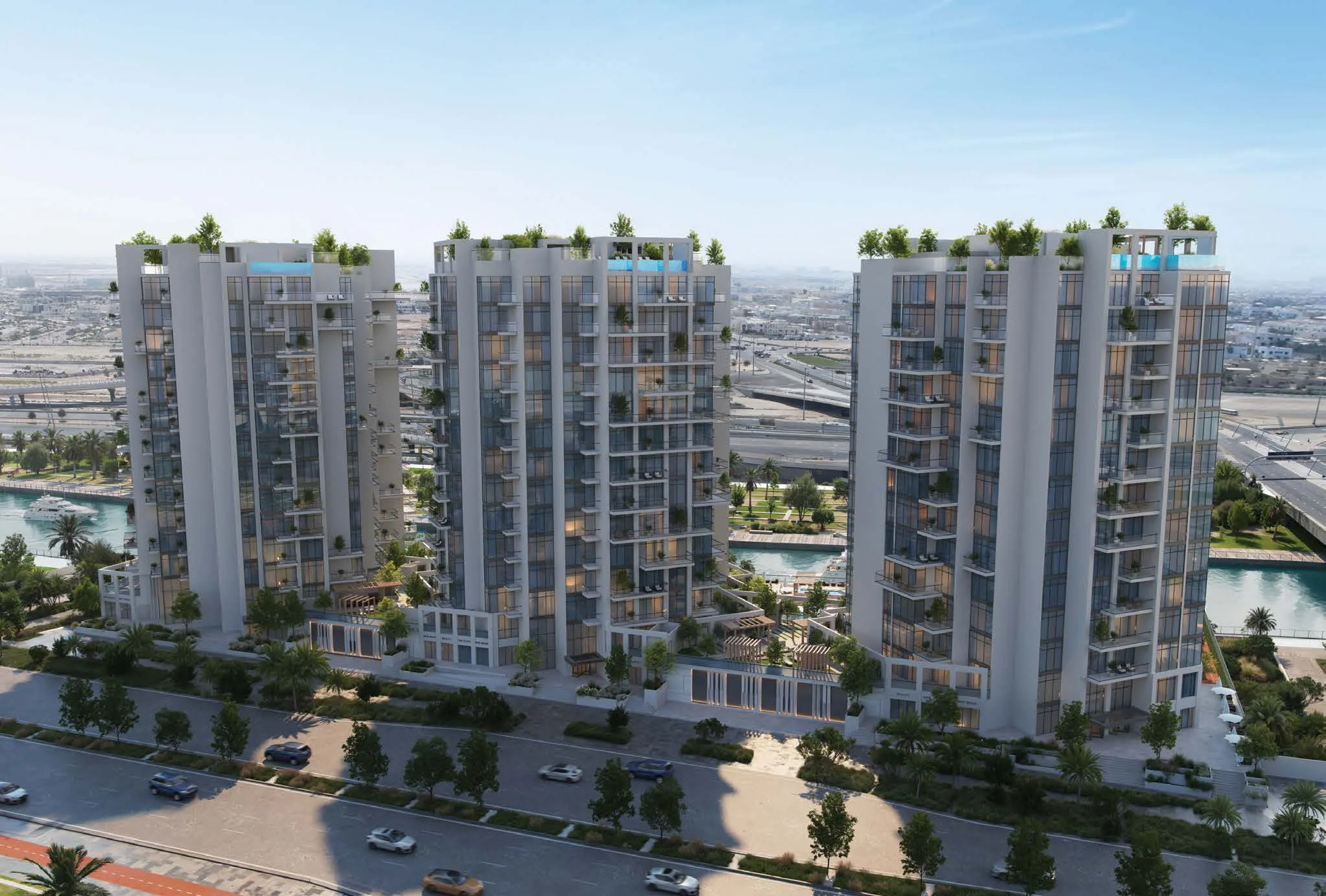 Башни Residence 22 с зеленью на крышах, вид со стороны улицы