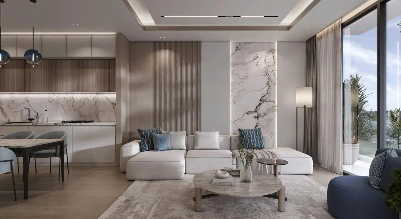 Гостиная с мраморной стеной и кухней в квартире Residence 22