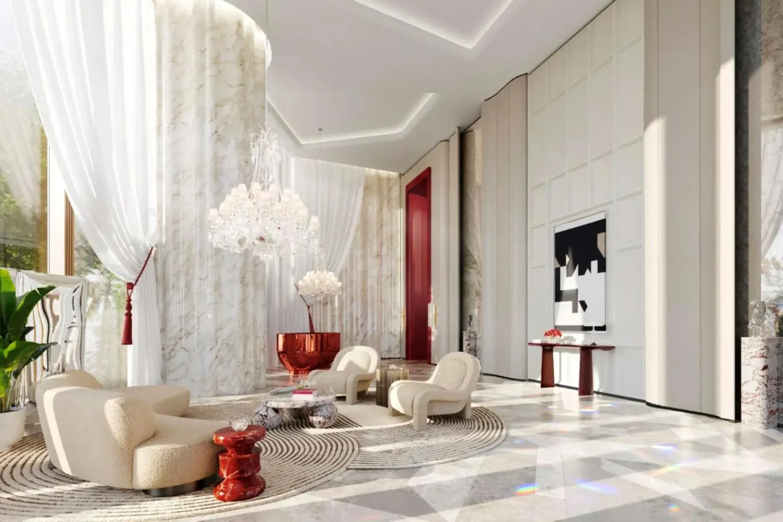Интерьер Baccarat: хрустальные люстры, мрамор и красные акценты