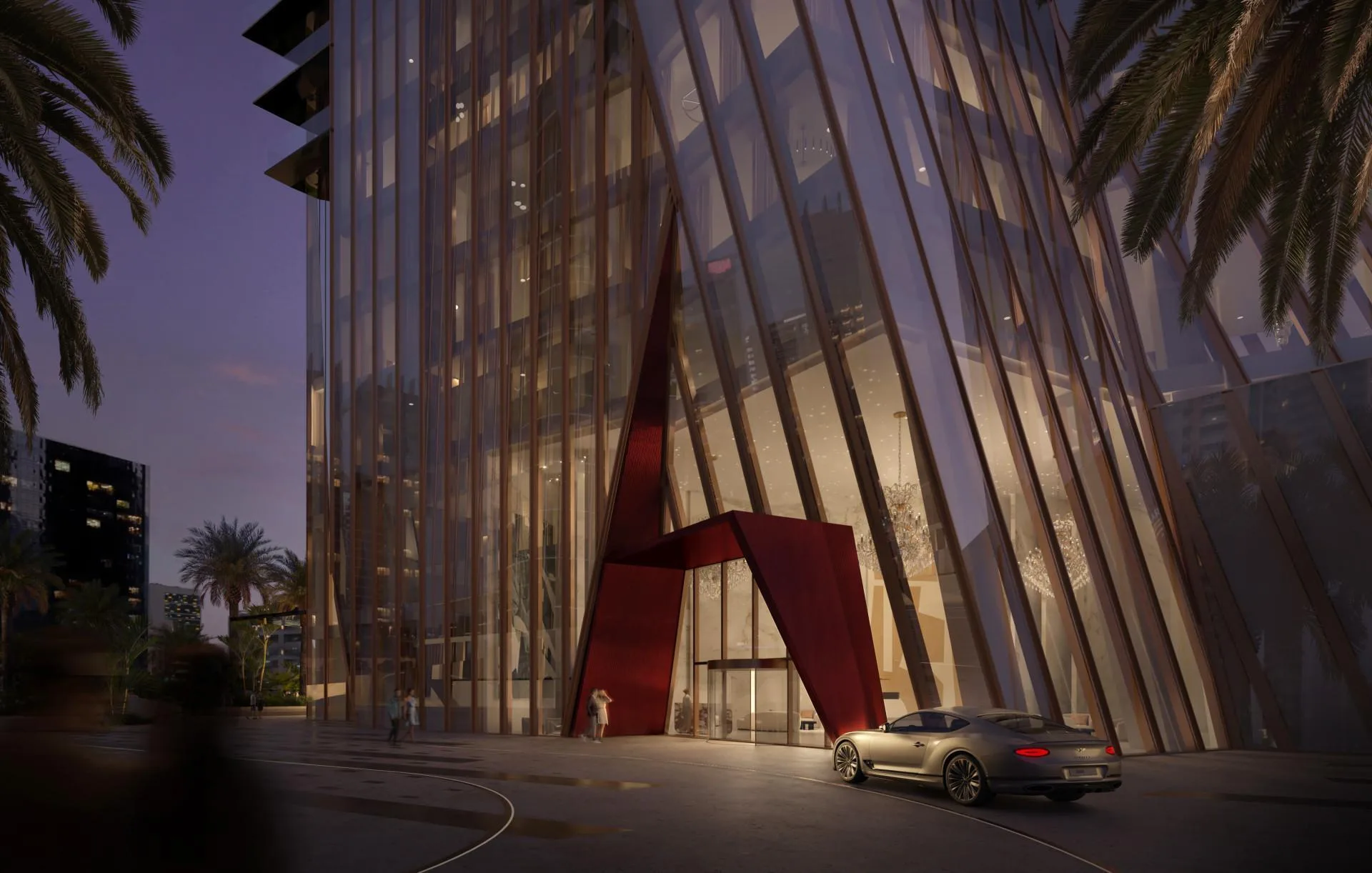 Вход в Baccarat Hotel & Residences Dubai вечером