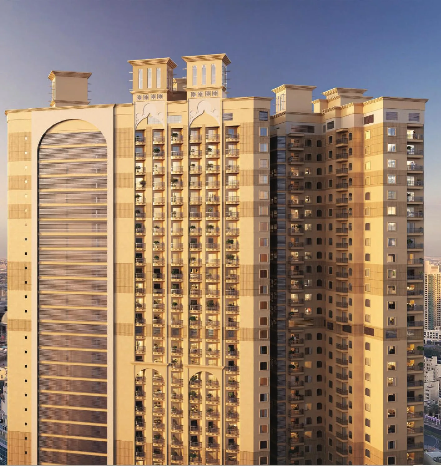 Верх башен Barajeel Towers в вечернем свете