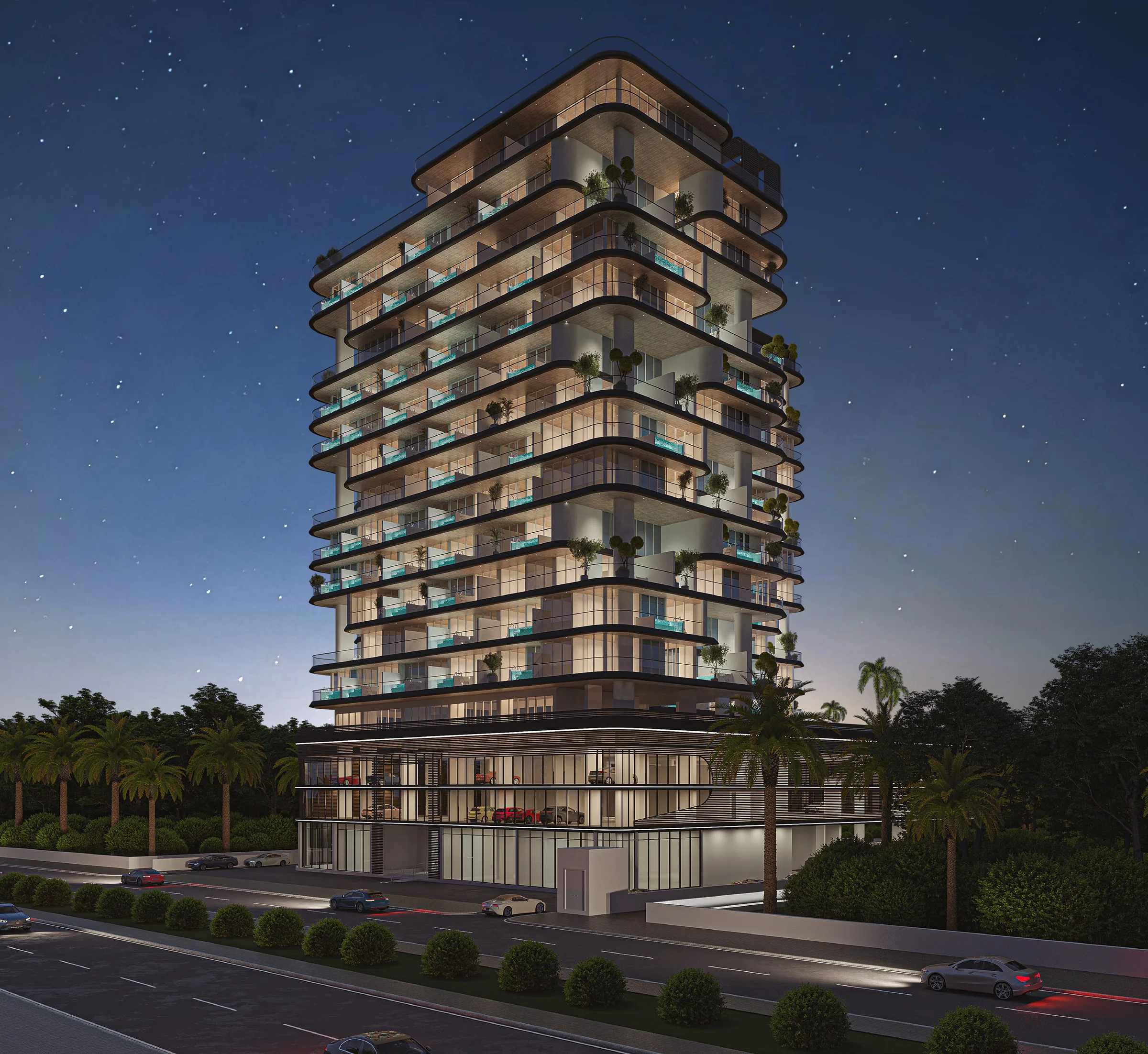 Barari Palace вечером: подсвеченные балконы и вход