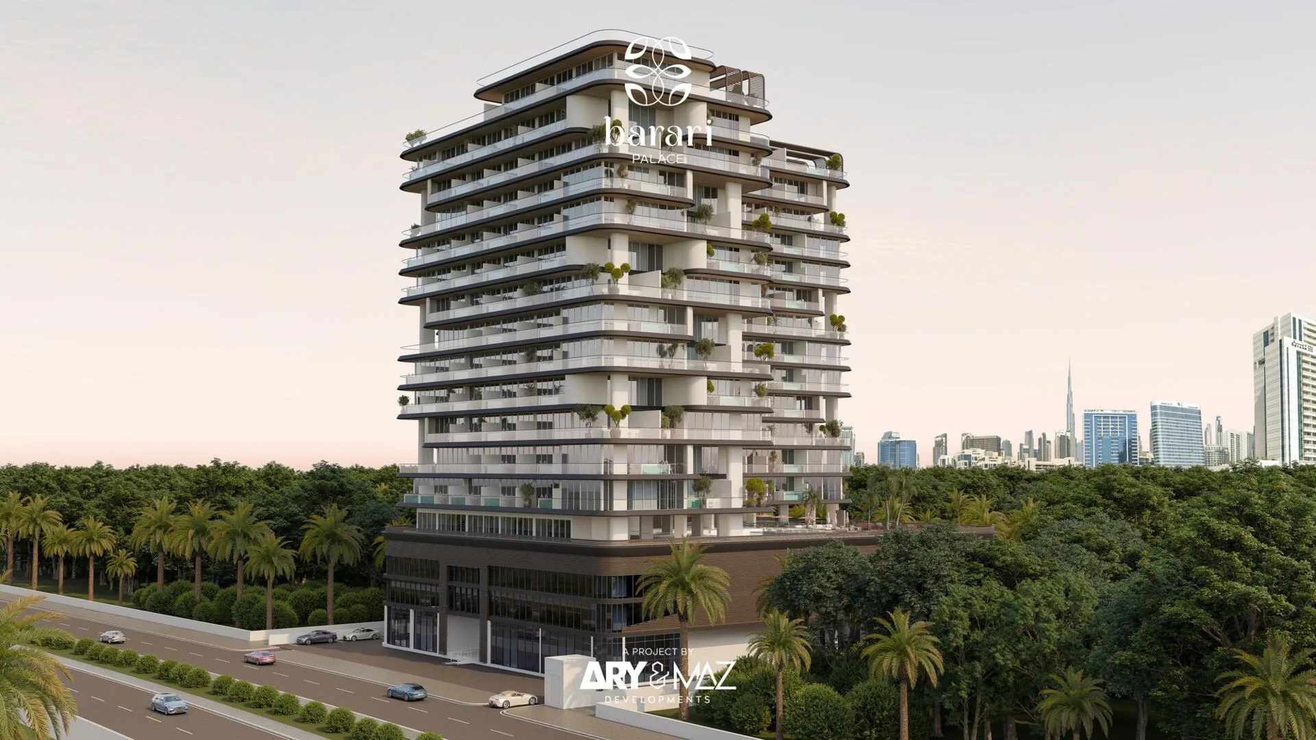 Barari Palace над кронами деревьев, вдали небоскрёбы Дубая