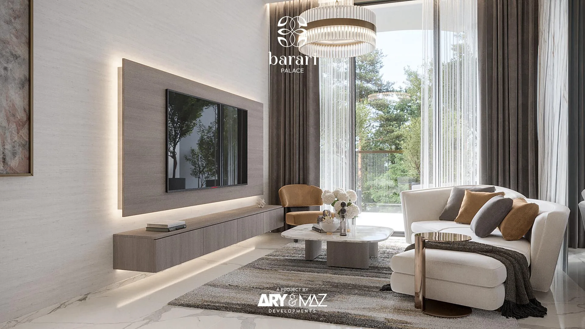 Гостиная квартиры Barari Palace с панорамным окном