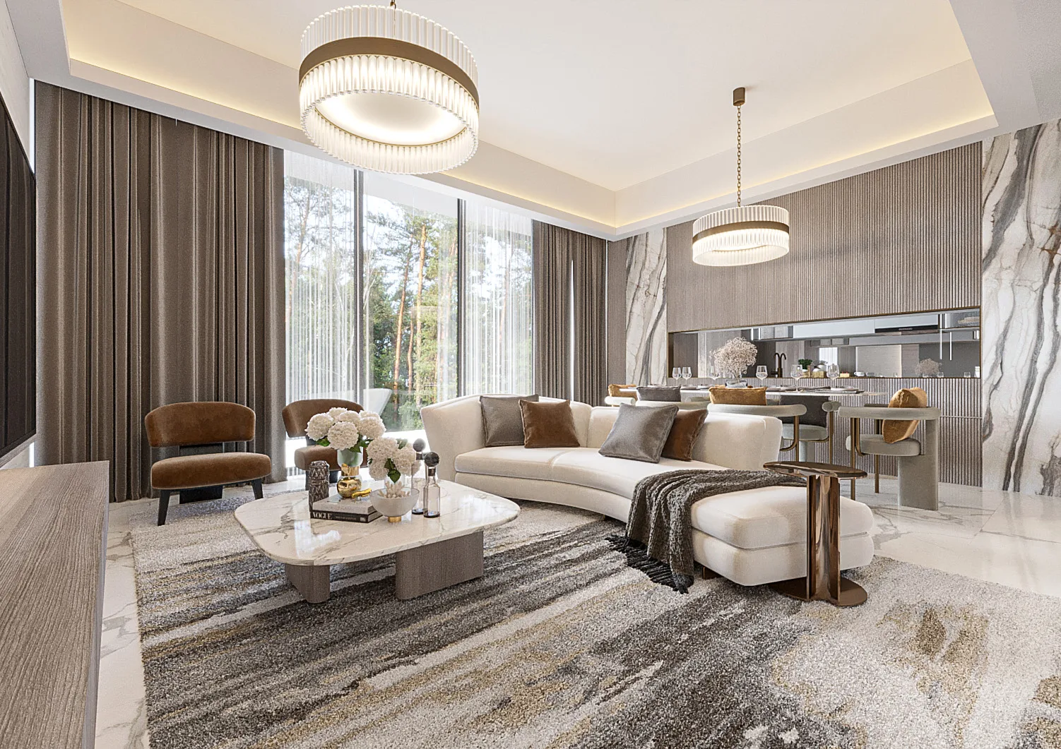 Гостиная Sky Villa в Barari Palace с панорамными окнами