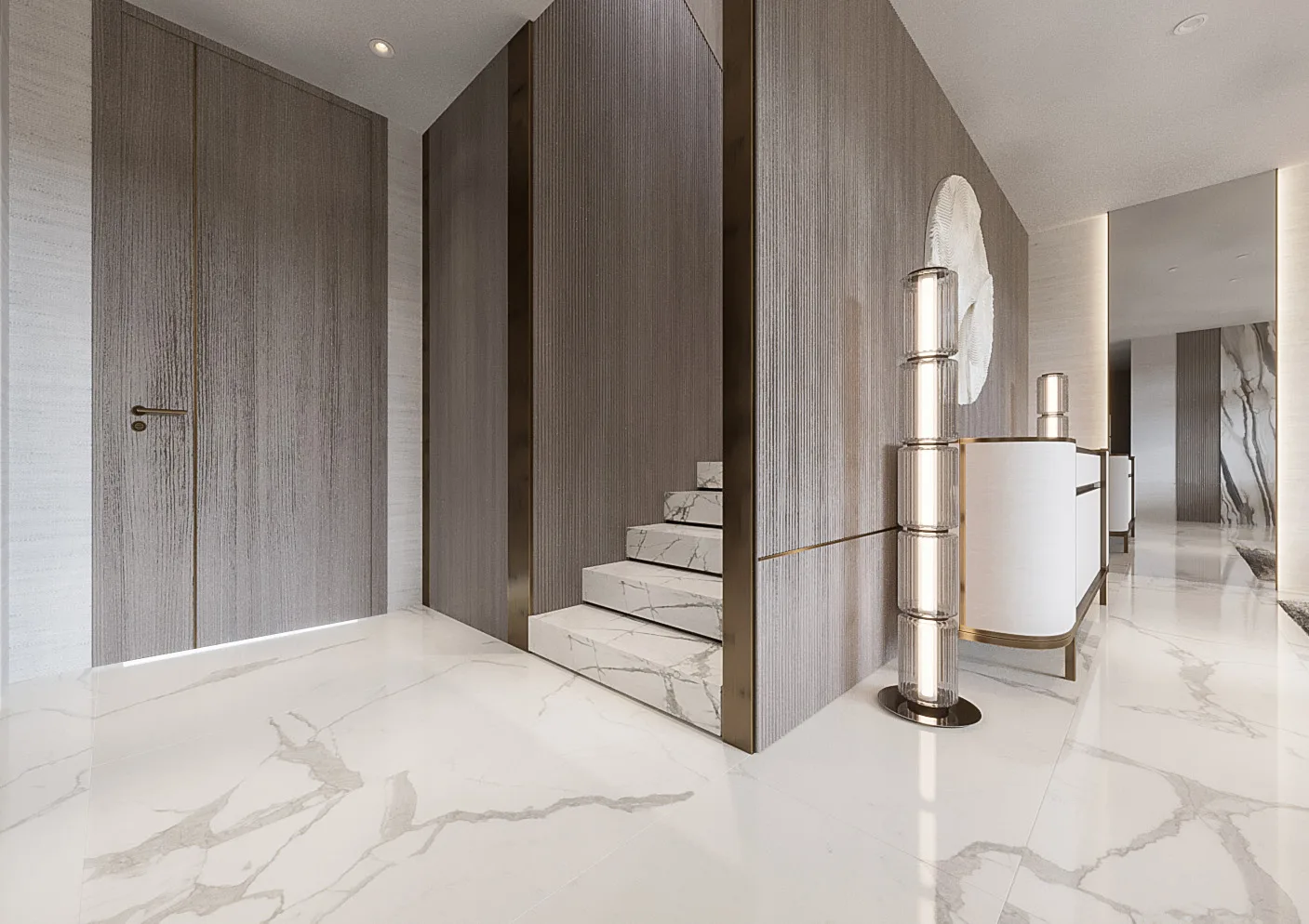 Холл Sky Villa с лестницей и мраморным полом
