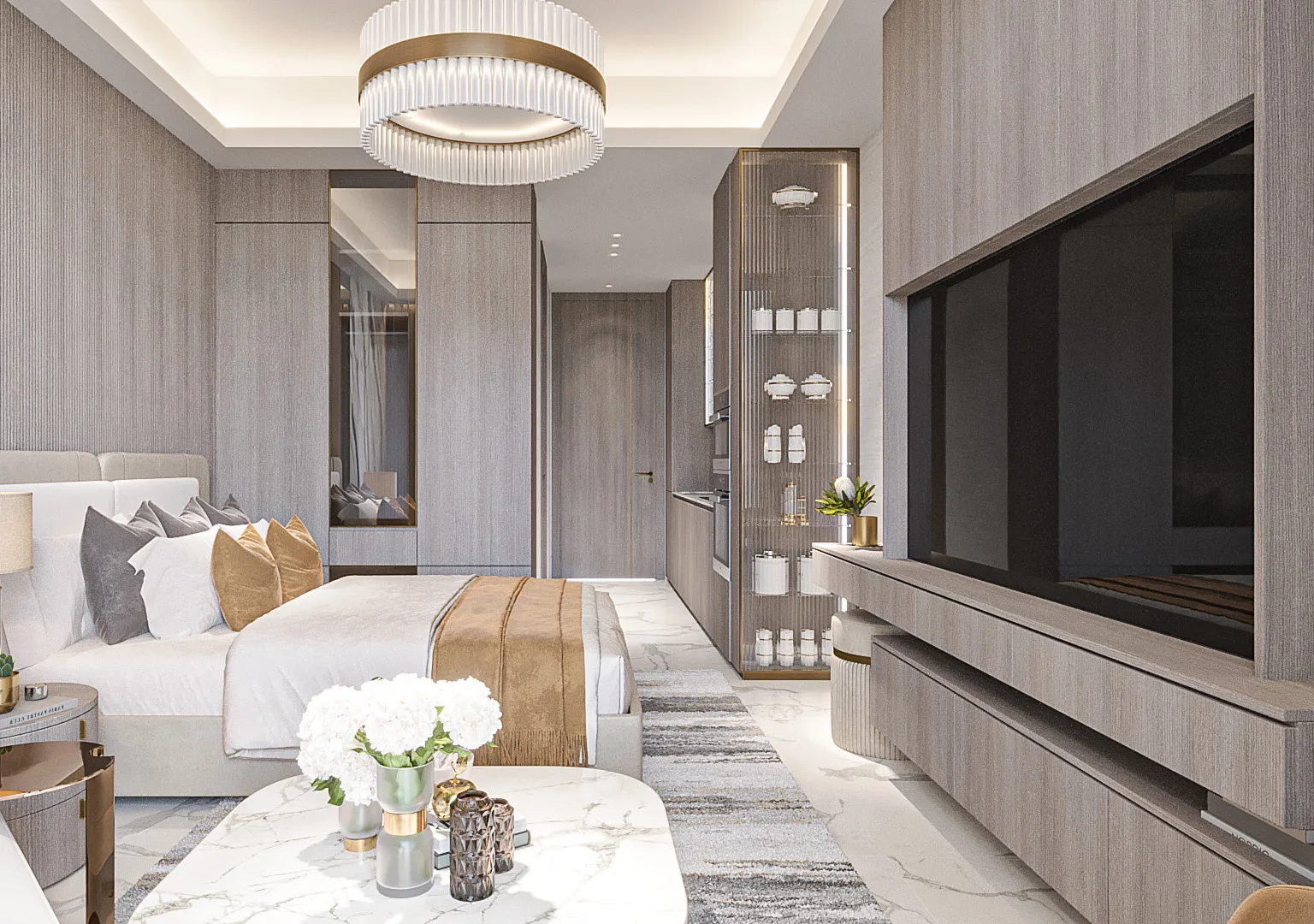 Студия в Barari Palace: кровать, гостиная зона и шкафы