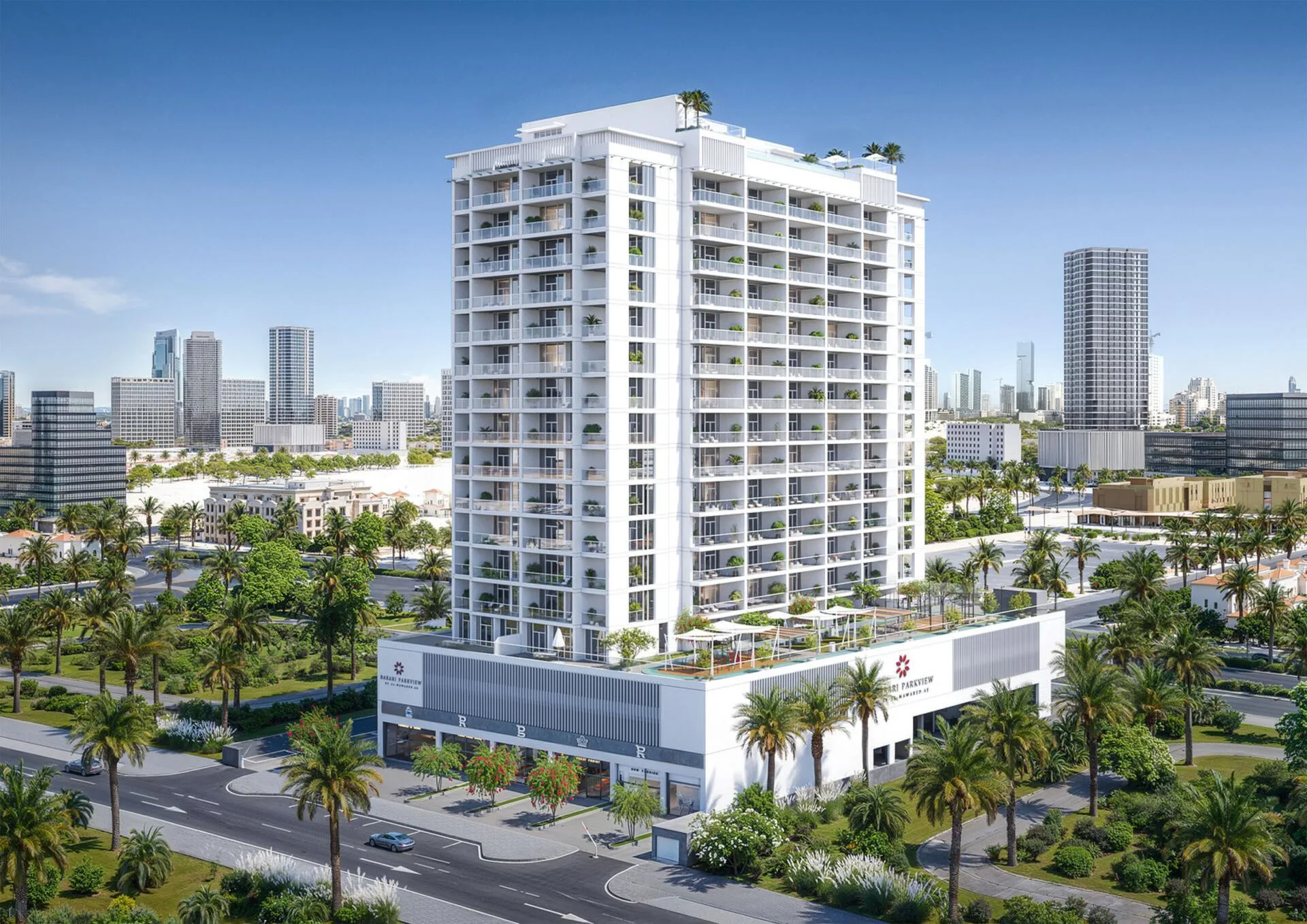 Белая башня Barari Parkview днём над пальмами